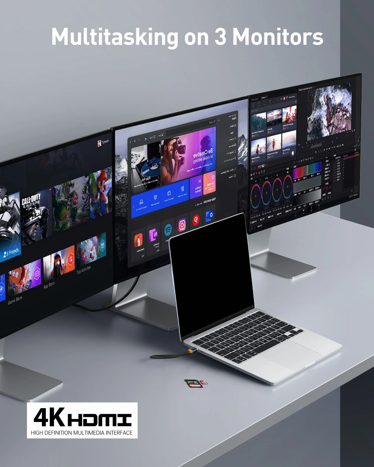 Baseus Stacja dokująca do laptopa Triple Display 12 w 1 z 2 x 4K HDMI, DP, 100 W PD, 3 x USB 3.0, 1 x USB C, Gigabit Ethernet, czytnik kart SD i TF do MacBooków/Dell/HP/Surface/Steam Deck