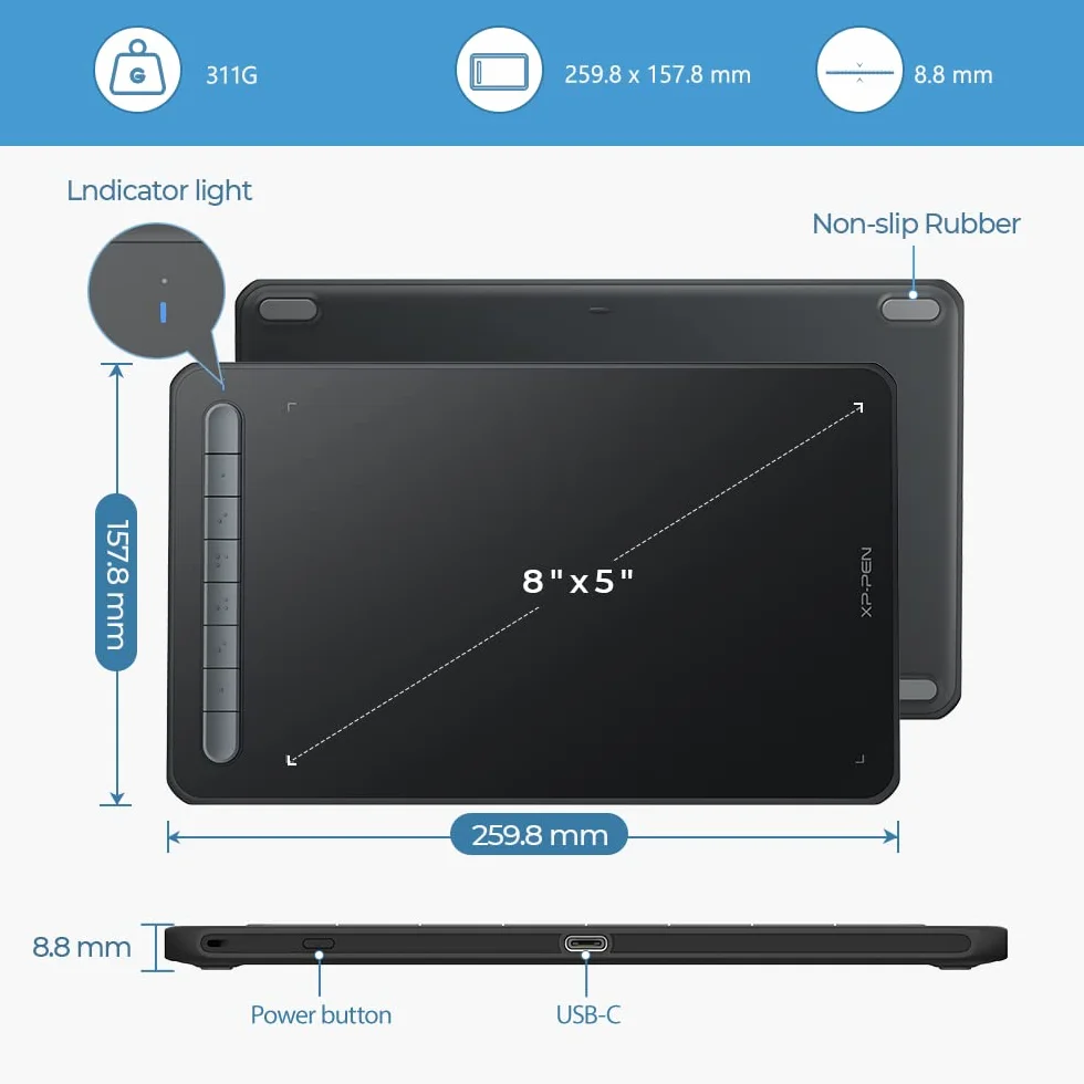 XP PEN Deco MW 8"x5" tablet graficzny Bluetooth z 8 przyciskami szybkiego rysowania, edycja zdjęć z rysikiem X3, idealny do domowego biura, e-learningu (czarny)