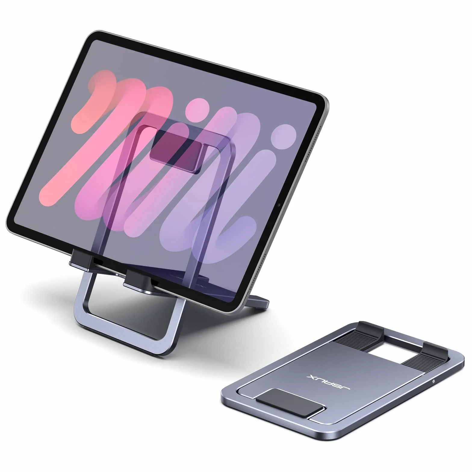JSAUX Uniwersalny stojak na tablet, przenośny składany uchwyt na tablet na biurko kompatybilny z iPadem Mini, Samsung Galaxy Tab, Kindle, Steam Deck OLED, Switch, ROG Ally X, iPhone i innymi tabletami | Łatwy do przenoszenia, rama ze stopu, antypoślizgowa
