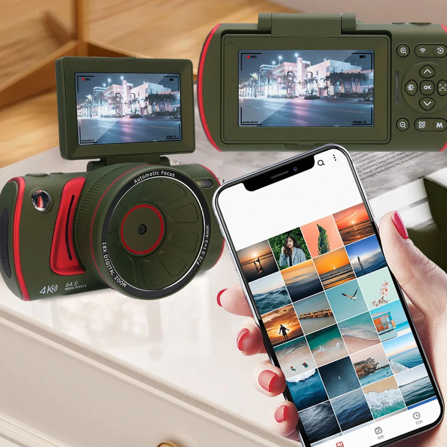 Garsent Aparat Cyfrowy, Vlogowanie 4K 64MP z 3 -calowym Ekranem Klapki, 18x Zoom, Autofocus Point i Fotografowanie z technologią Anty Shake dla Początkujących do Domu Selfie (GREEN)