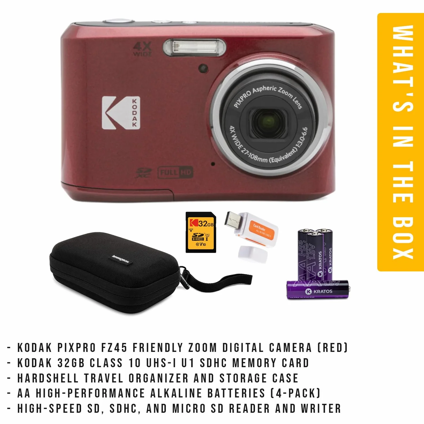 Kodak PIXPRO FZ45 Friendly Zoom aparat cyfrowy (czerwony) zestaw z kartą pamięci 32 GB, organizer podróżny i etui do przechowywania, baterie alkaliczne i czytnik SD (5 sztuk)