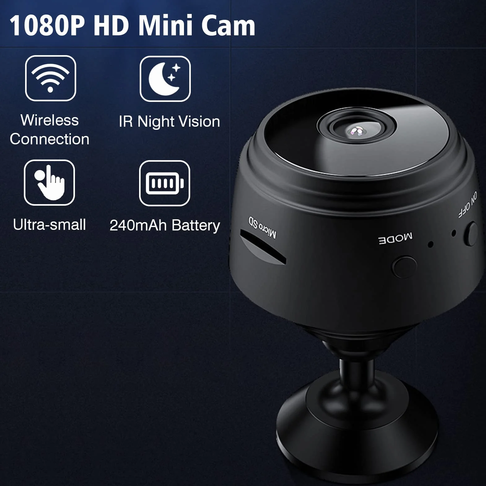 Mini kamera wideo 1080P WiFi, kamera wideo szerokokątna 150°, IR widoczność w nocy, wykrywanie ruchu, 128 GB pamięć rozszerzenia, 240 mAh bateria do monitorowania niemowląt, zwierząt, dom