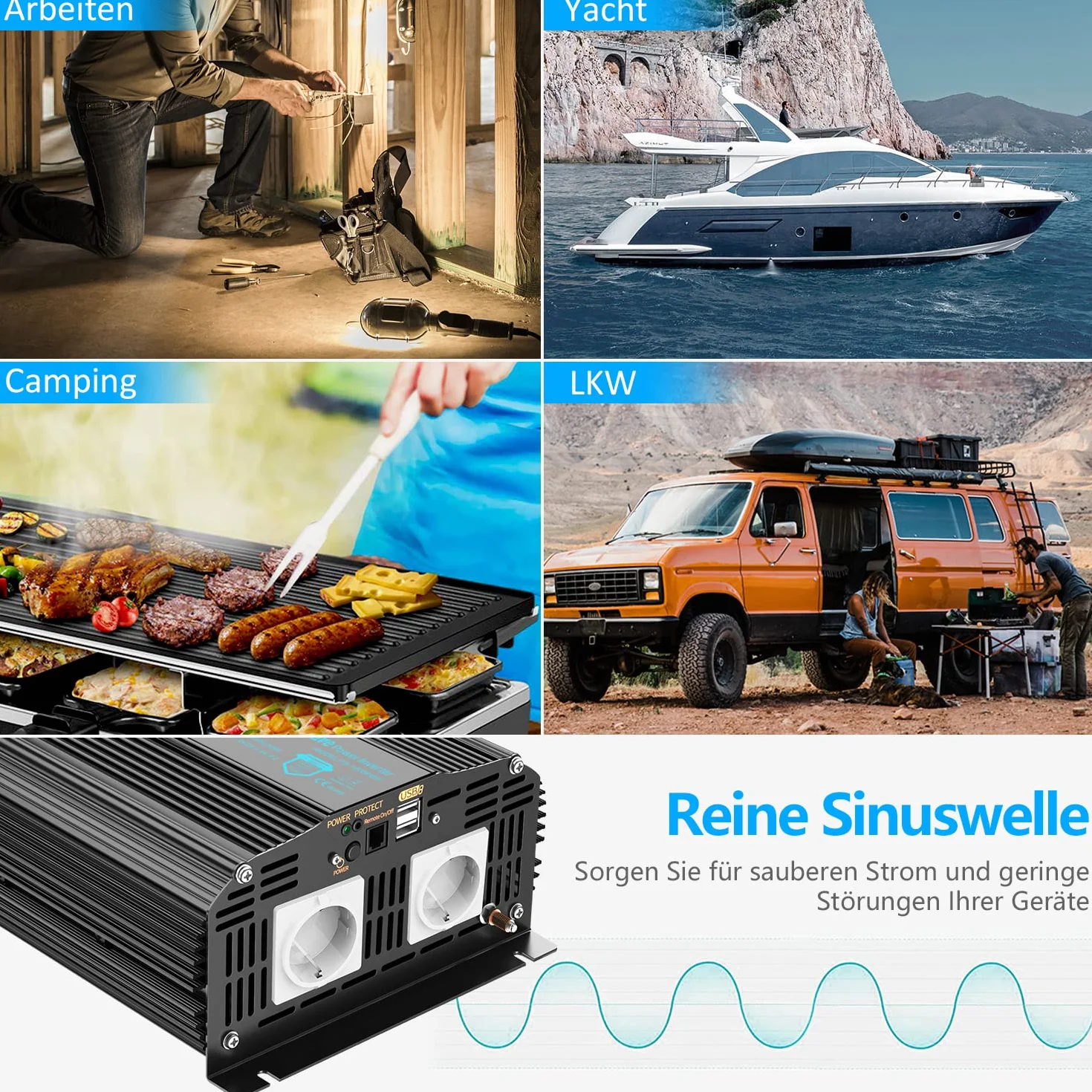 GIANDEL Falownik 1500 W, 12 V na 230 V, czysta sinusoidalna przetwornica napięcia z magnetycznym pierścieniem z ekranem LCD, pilot zdalnego sterowania, kabel do akumulatora z czystej miedzi, do domu