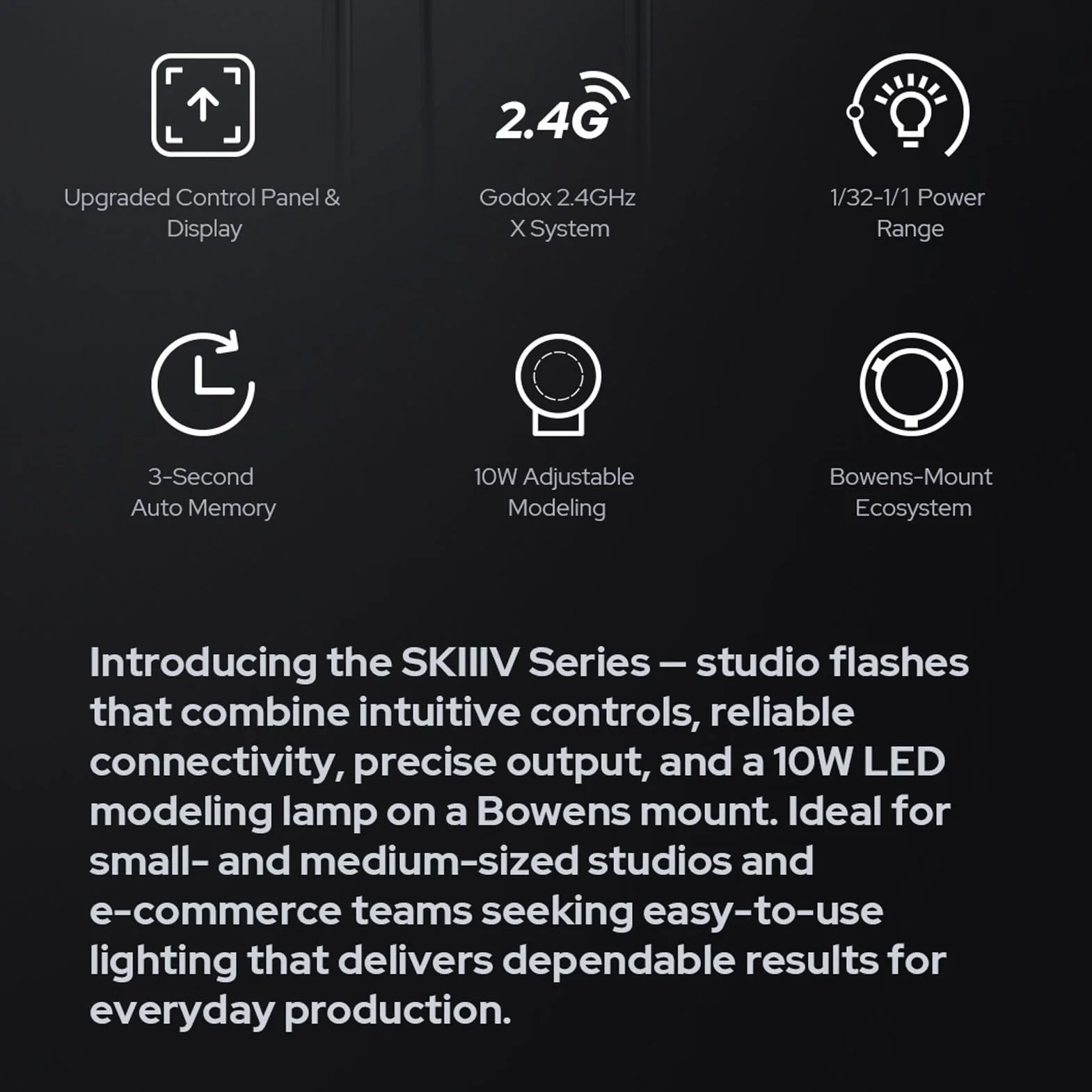 Godox SK300IIIV lampa błyskowa, bezprzewodowa, 2,4 G, 300 W, GN58, 5700 ± 200 K, 0,1-1,5 s, czas ładowania błyskowego 1/200 – 1/380 s, lampa nastawcza LED 10 W