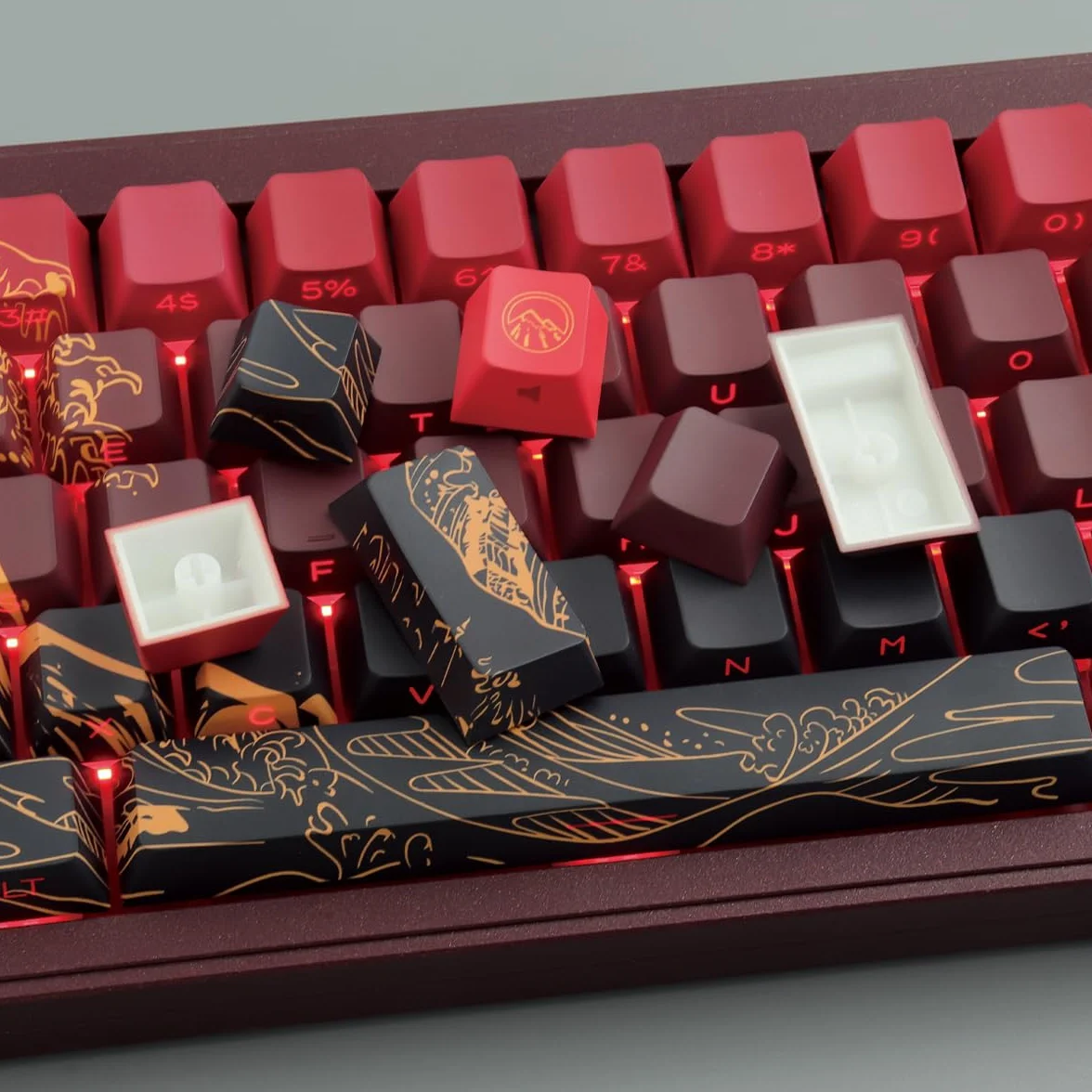 PBT Custom Keycaps, 131 Red Ukiyo-e Keycap Cherry Profile Dye-Sublimation Shine-Through Side Engraved Transparent Keycaps for Cherry Gateron MX Switches Mechanical Keyboards