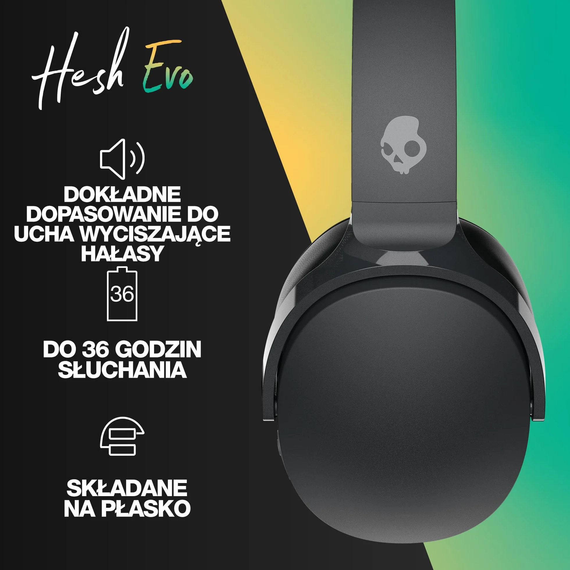 Skullcandy Hesh Evo Bezprzewodowe Słuchawki Nauszne, 36 godz. Słuchania, Mikrofon, Obsługa iPhone’a, Androida i urządzeń Bluetooth – czarny