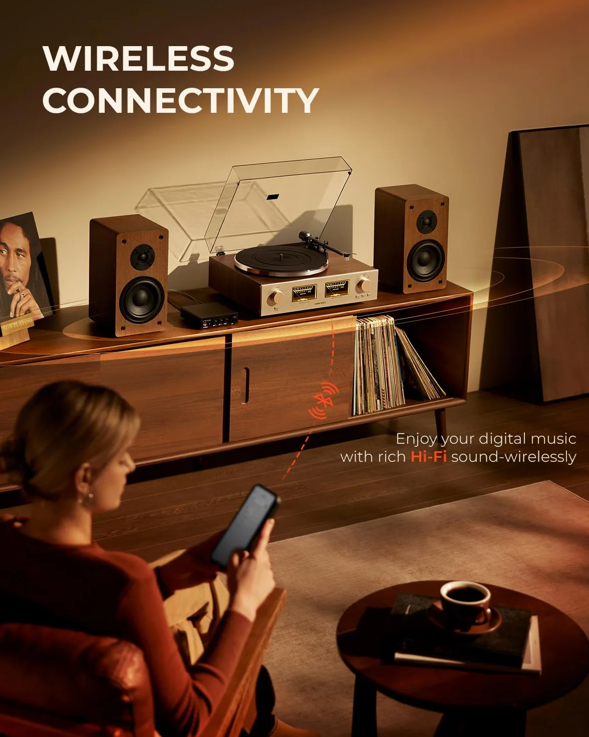 QLEARSOUL HiFire X Gramofon z płytą winylową, system gramofonu HiFi audiofilski z głośnikami regałowymi 100W, wskaźnik VU, pre-amp DSP, kompatybilny z 33/45 RPM, RCA Line IN | out