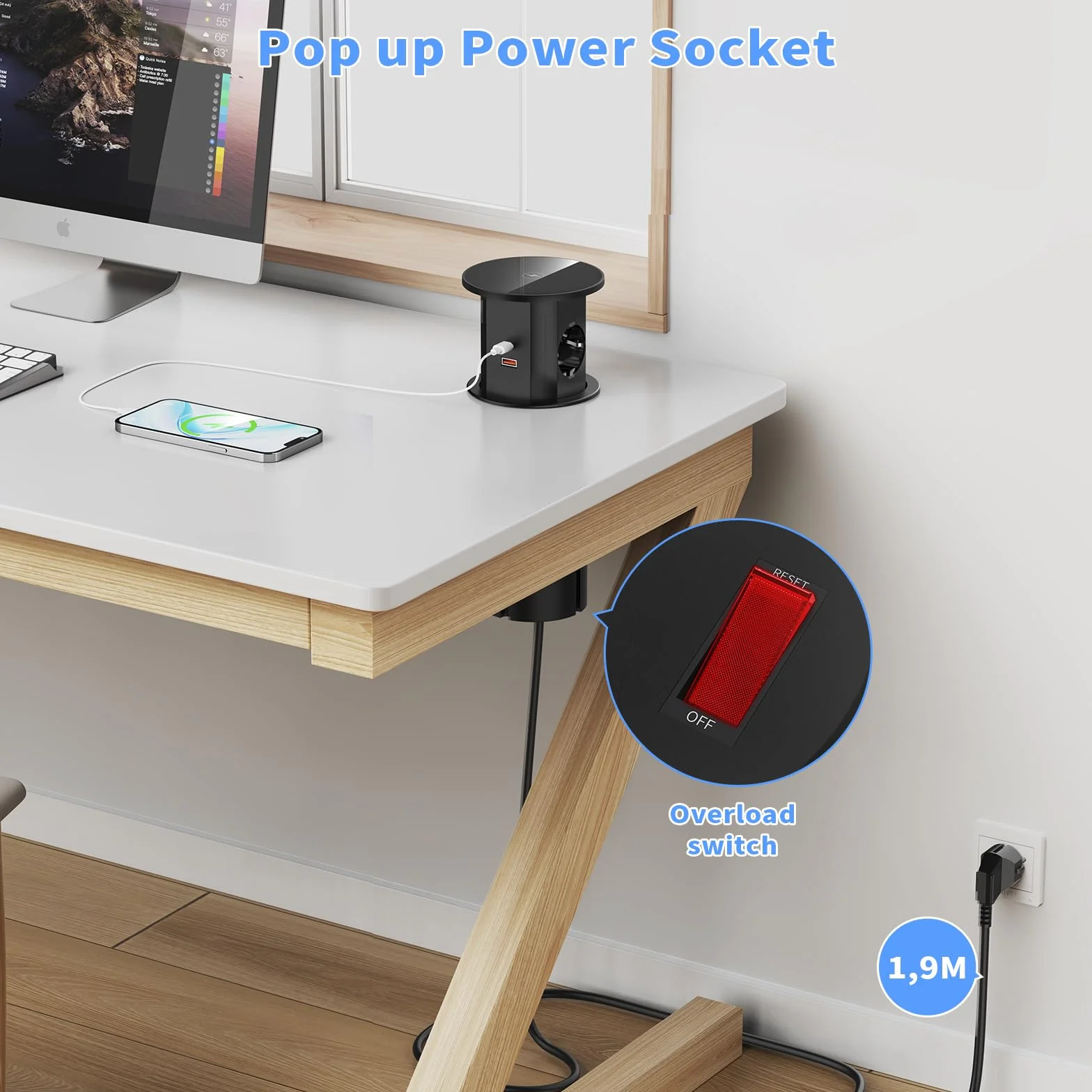 Wysuwane gniazdko elektryczne z bezprzewodowym ładowaniem 15 W, USB-C PD 20 W, Ø 85 mm | 2 Schuko, 2 USB-C, 2 USB-A po 18 W, wyłącznik przeciążeniowy, kabel 2 m, do biurka, kuchni i blatu roboczego