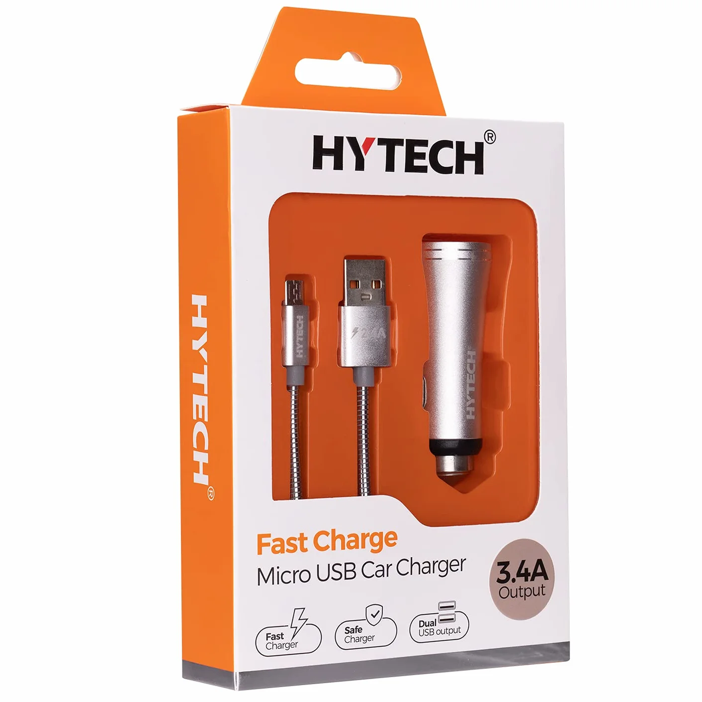 Hytech HY-X62 3,4 A kabel micro USB do szybkiego ładowania 2 USB metalowa ładowarka samochodowa srebrna