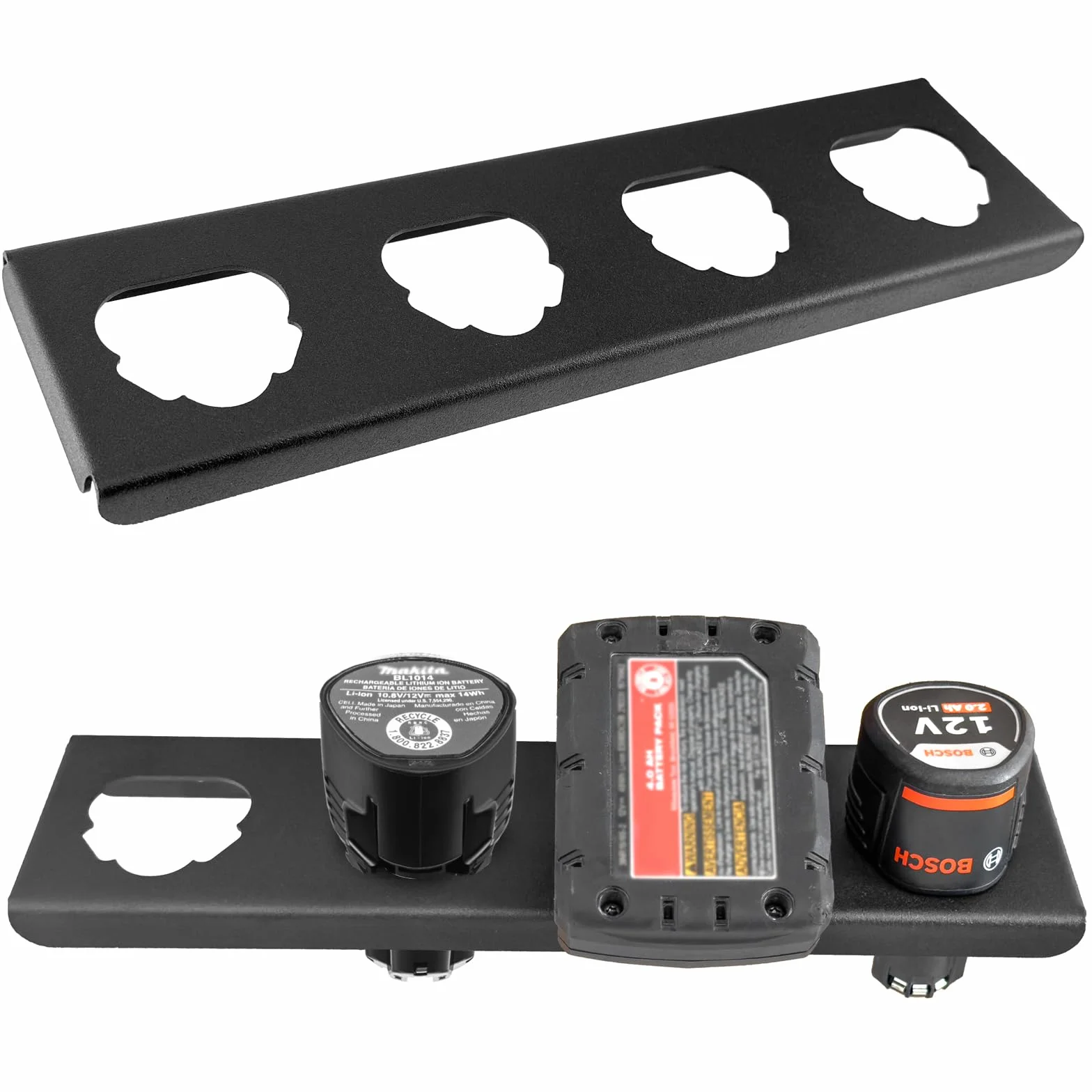 4-slotowy Uchwyt na Baterie Mocowany do Ściany Kompatybilny z Bosch 12V / Milwaukee 12V / Makita 12V Akumulatorami, Montaż na Tablicach Perforowanych i Ścianach