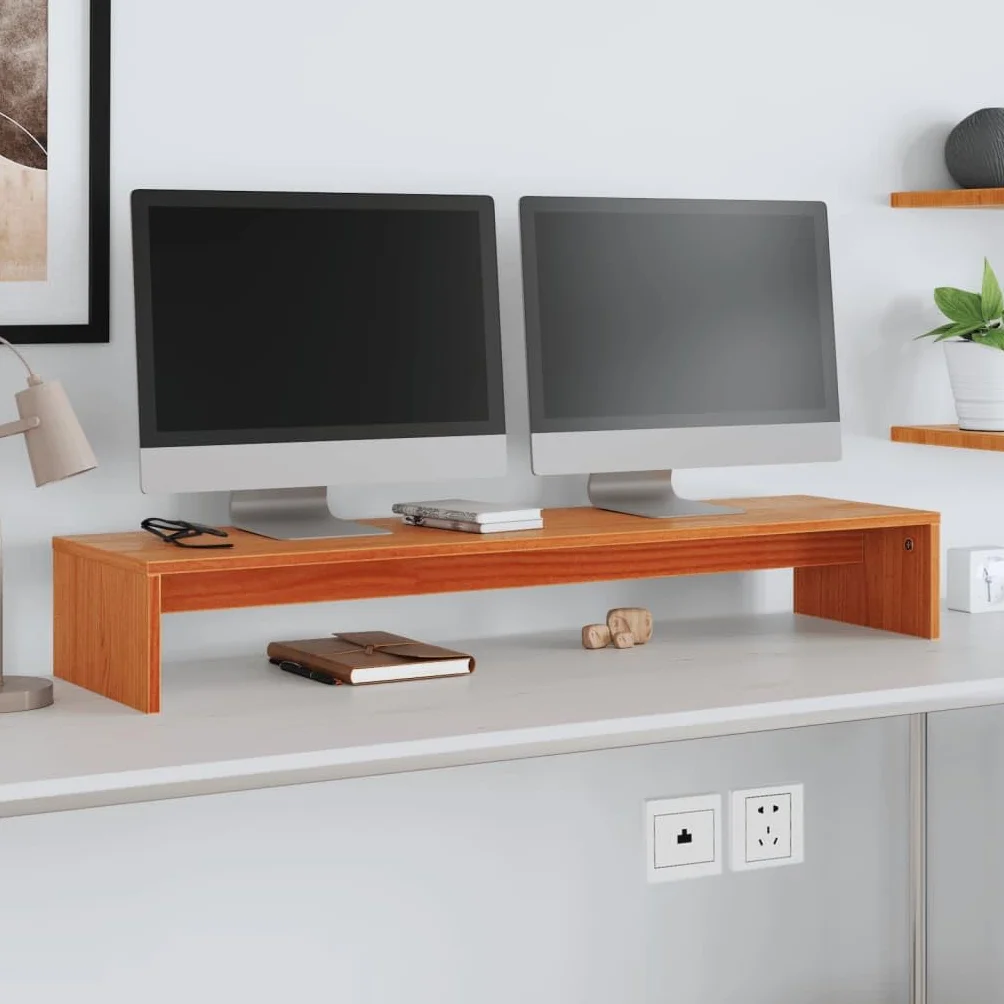 Stojak na monitor, woskowany brąz, lite drewno sosnowe, 100 x 27 x 15 cm, ergonomiczne podwyższenie do stołu komputerowego i podstawki pod komputer, miejsce do odkładania do biura, domowego