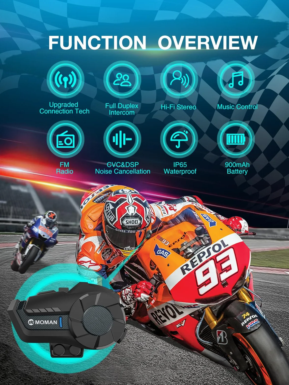 Moman H2 motocyklowy interkomowy zestaw słuchawkowy (2 sztuki, włókno węglowe), kask motocyklowy, interkomowy system komunikacji Bluetooth do 1000 m, z redukcją szumów DSP i CVC