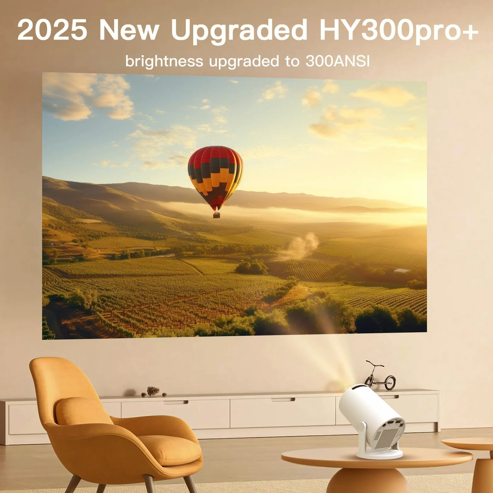 Mini projektor ze zintegrowanym WiFi i Bluetooth, Android 11, 1080P 4K, przenośny projektor z obrotem 180°, wersja HY300pro+ do użytku domowego i zewnętrznego LYNCAST OptiBarrel 500