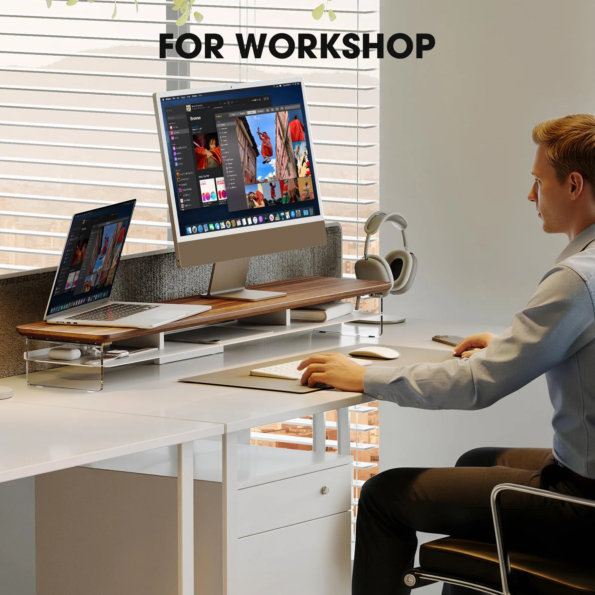 Fenge Akrylowy stojak na monitor Riser 108 cm, duży podwójny stojak na monitor z metalowym regałem, akcesoria biurkowe do laptopa/komputera/drukarki/ekranu TV, nośność 45 kg, brązowy