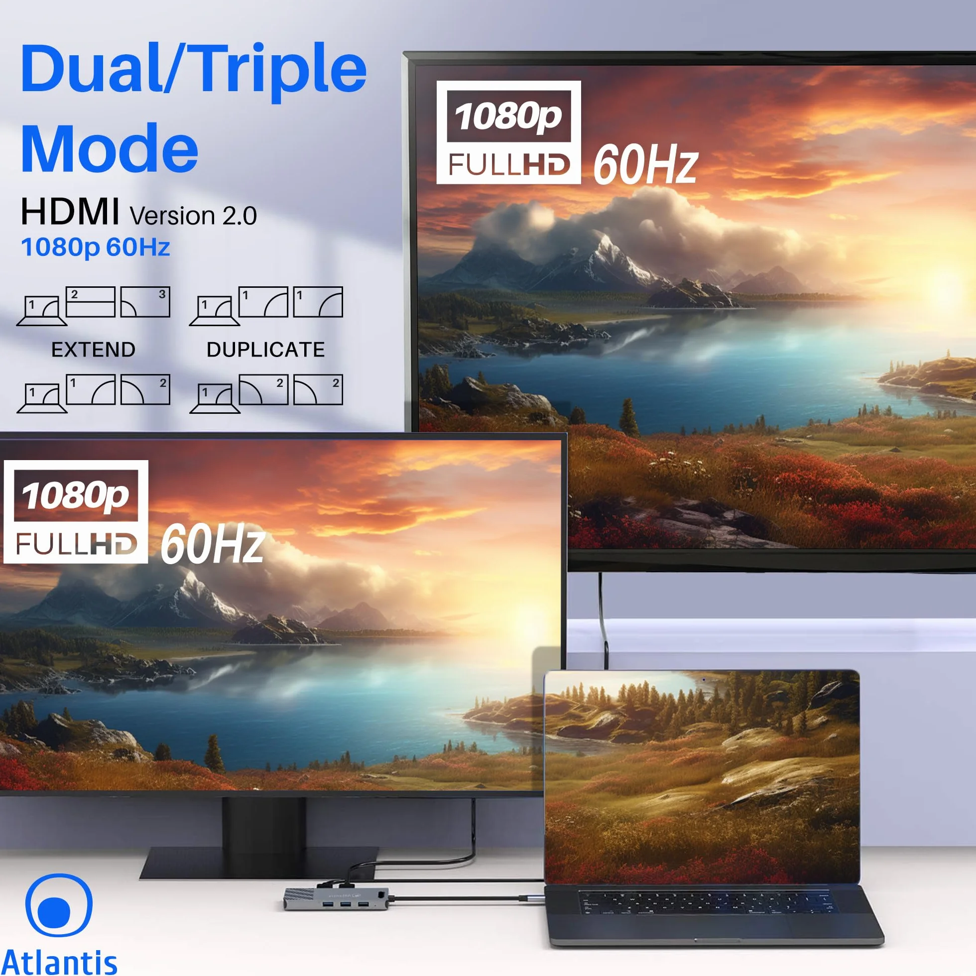 ATLANTIS A04-TC_DK48 Stacja dokująca DUAL DISPLAY USB C (typ C) na HDMI 4K, wyjście Duppia, wyjście HDMI, RJ45 Gigabit Ethernet, 3 x USB 3.0, 1 PD-85 W, kabel 18 cm, kompatybilny ze wszystkimi