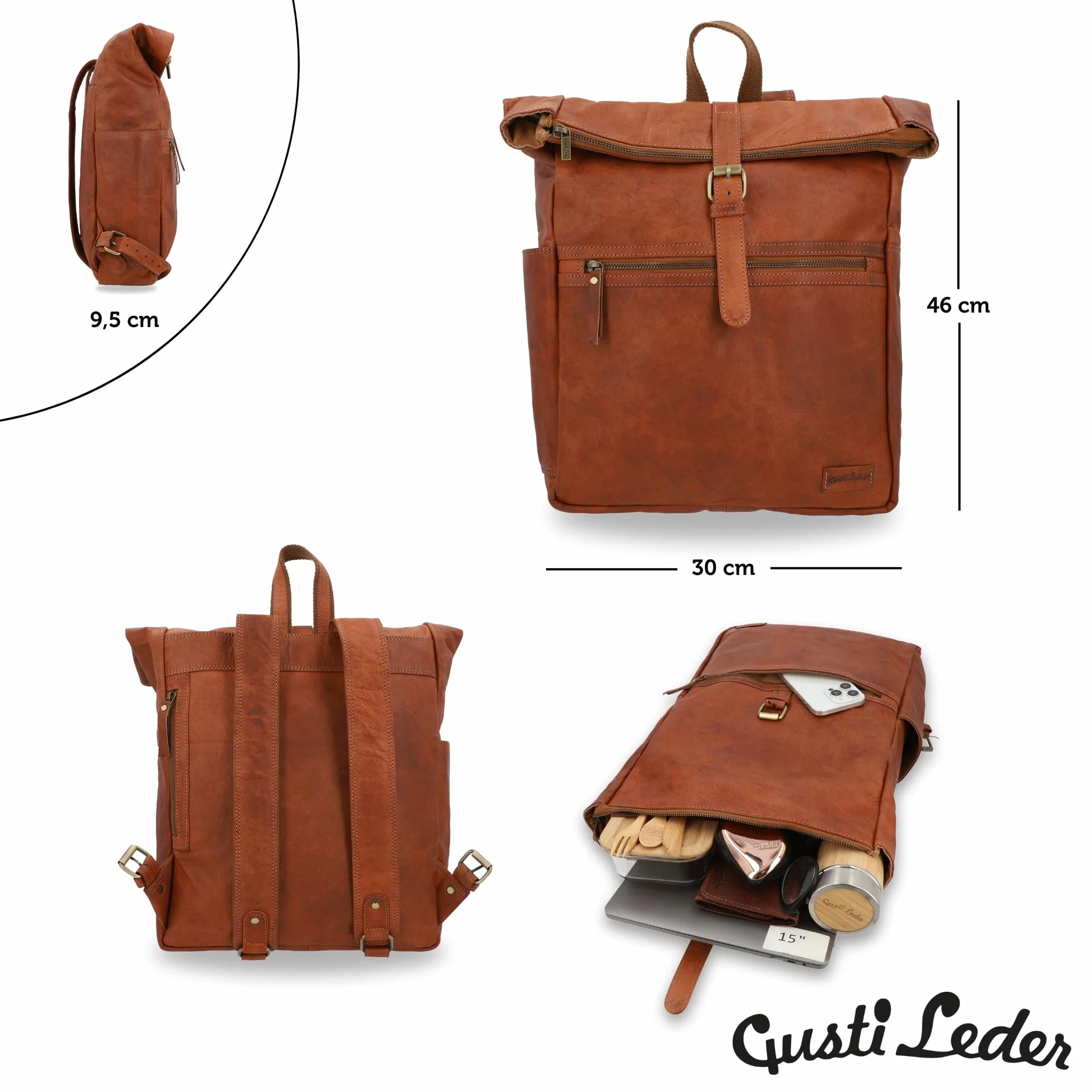 Gusti Plecak skórzany Milo New – stylowy plecak vintage ze skóry naturalnej dla kobiet i mężczyzn, pojemność 13L, kieszeń na laptop 15”, uchwyt na butelkę, miejsce na AirTag
