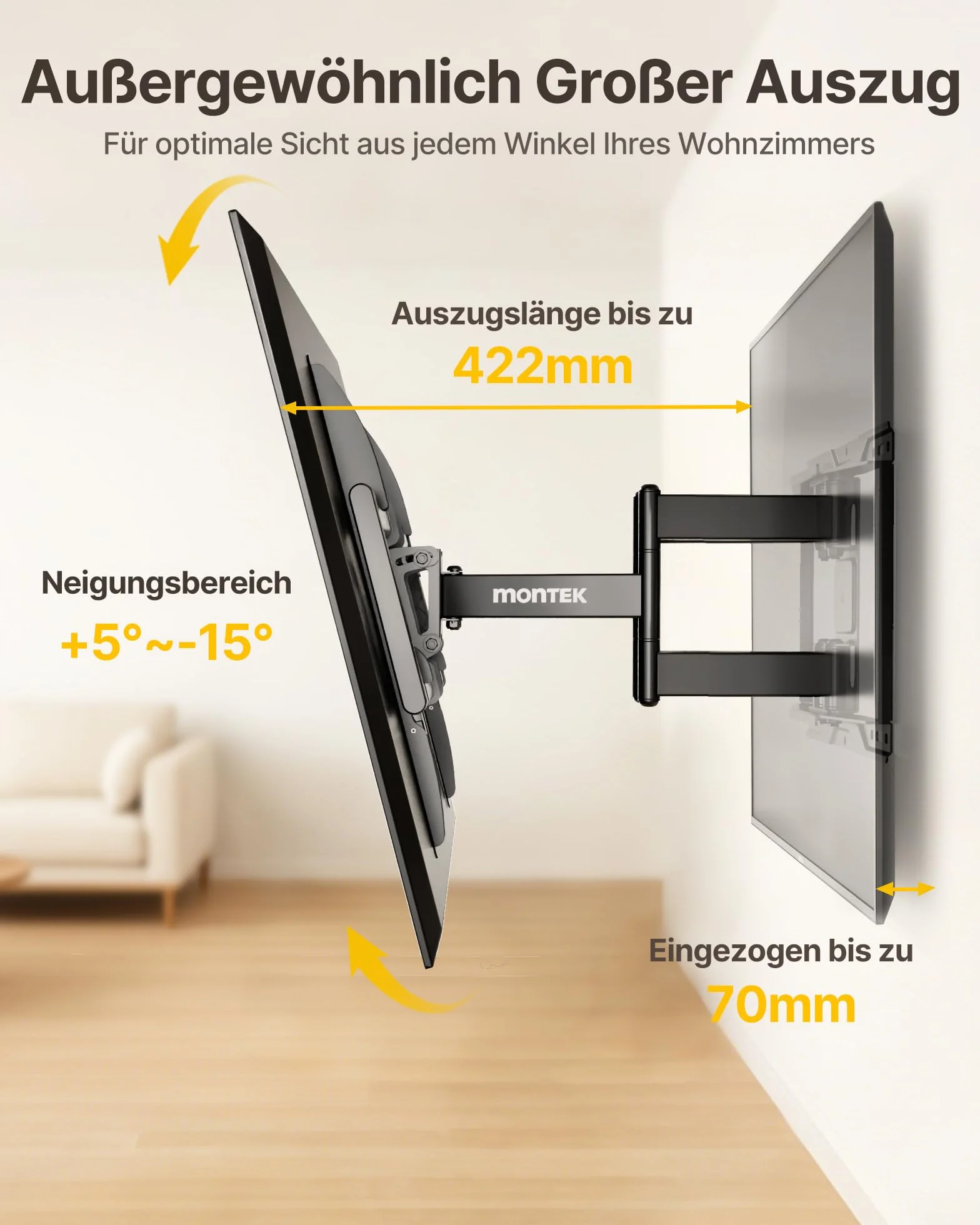 monTEK W pełni ruchomy uchwyt ścienny do większości telewizorów 37-90", wychylny i pochylony, w pełni ruchomy uchwyt ścienny do telewizora, maks. VESA 600 x 400 mm, do 75 kg, 12", 16"