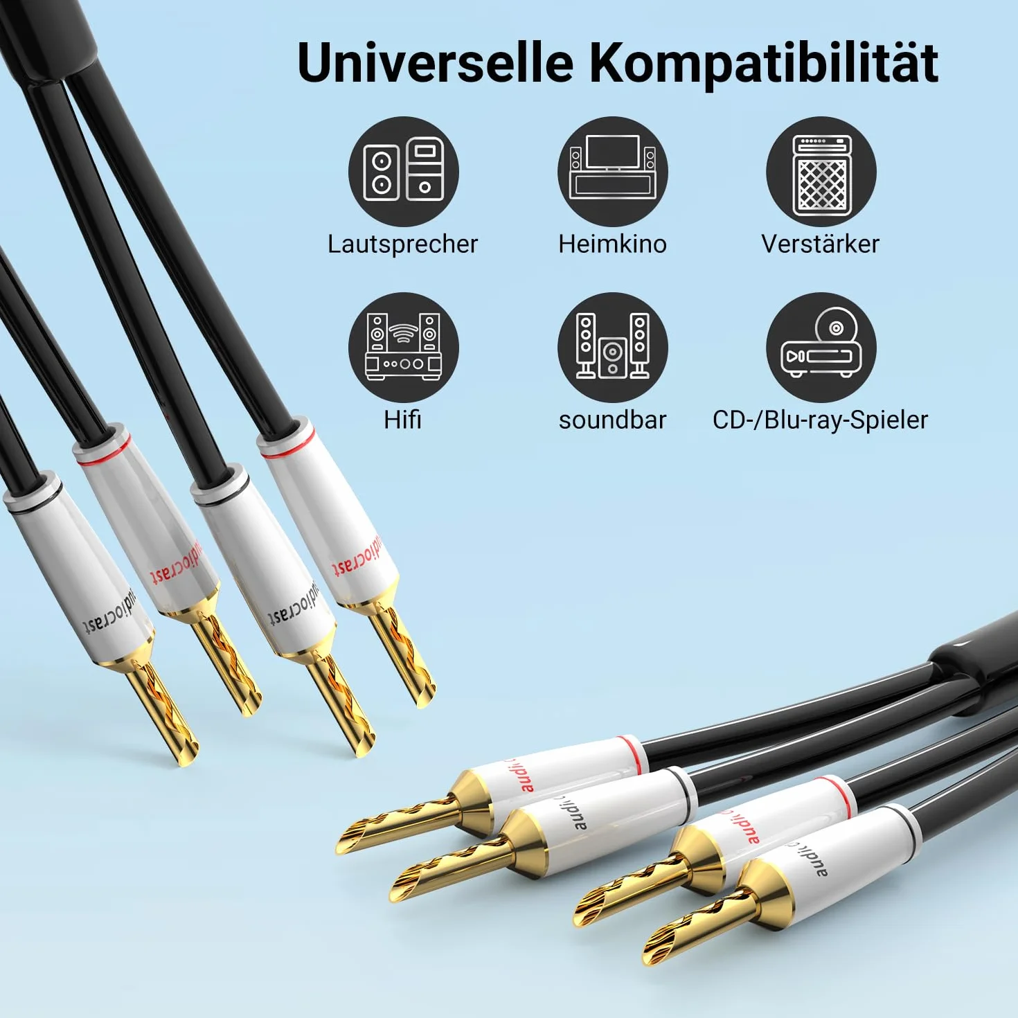 Tertullus 1 para wysokiej klasy kabel do głośników OFC, 3 m, posrebrzany z wtyczką bananową Hi-Fi, kabel do głośników do kina domowego i systemu Hi-Fi
