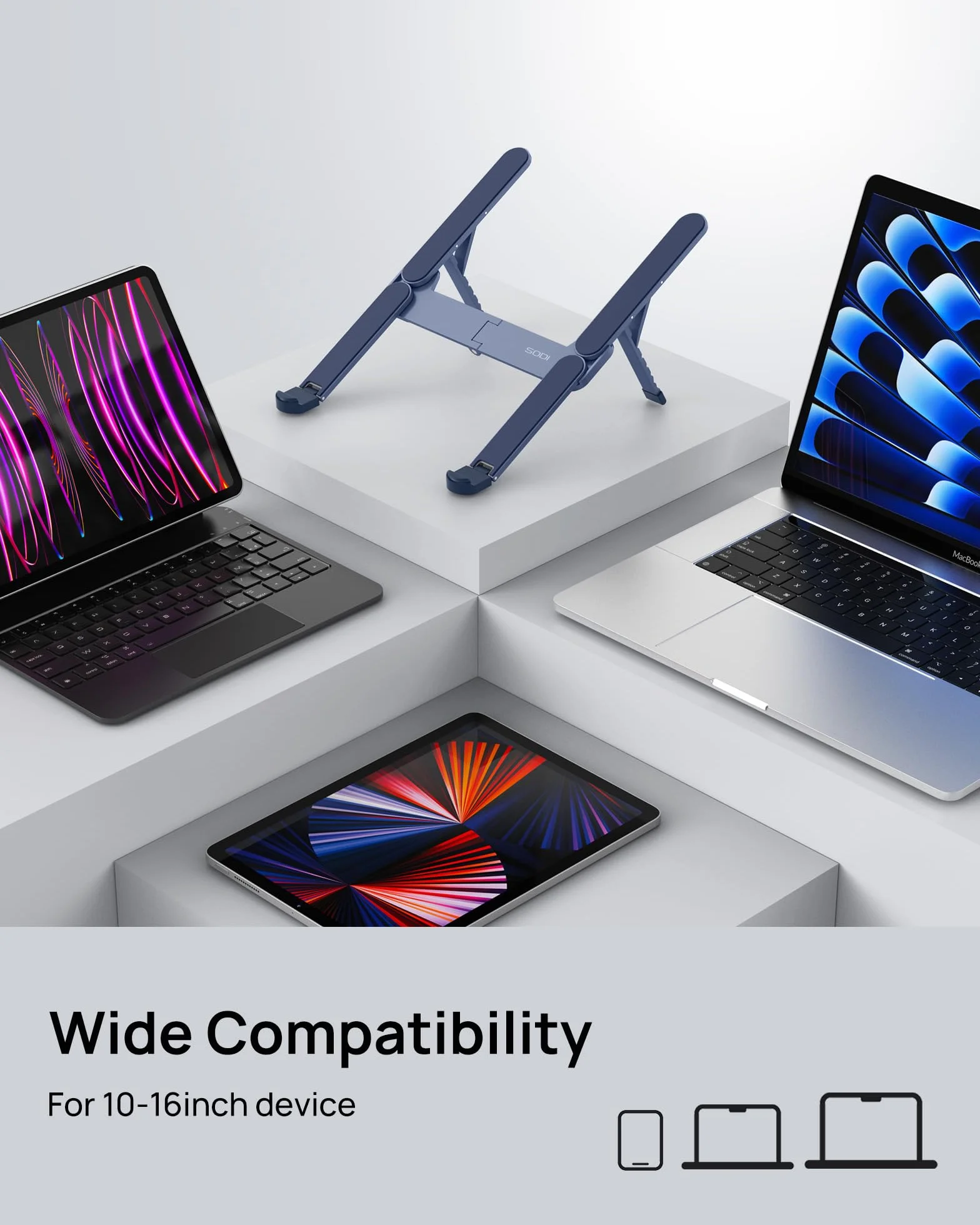 SODI Stojak na laptopa, składany aluminiowy stojak na notebooka, z regulacją wysokości, wentylowany, chłodzący, uchwyt na laptopa, do MacBook Pro/Air, HP, Sony, Dell, wszystkich laptopów o przekątnej