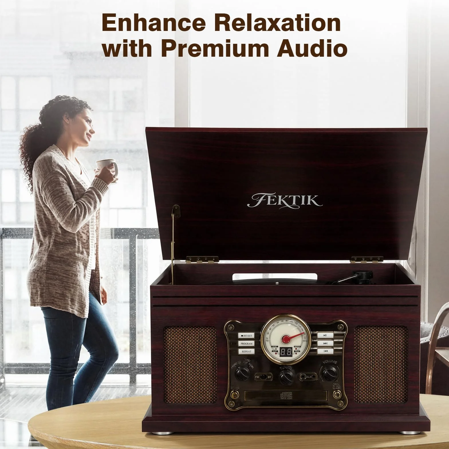 FEKTIK Gramofon Bluetooth 10 w 1, 3-biegowy gramofon z napędem pasowym z głośnikami, wejście i wyjście Bluetooth, CD, kaseta, radio FM, bezprzewodowe przesyłanie strumieniowe