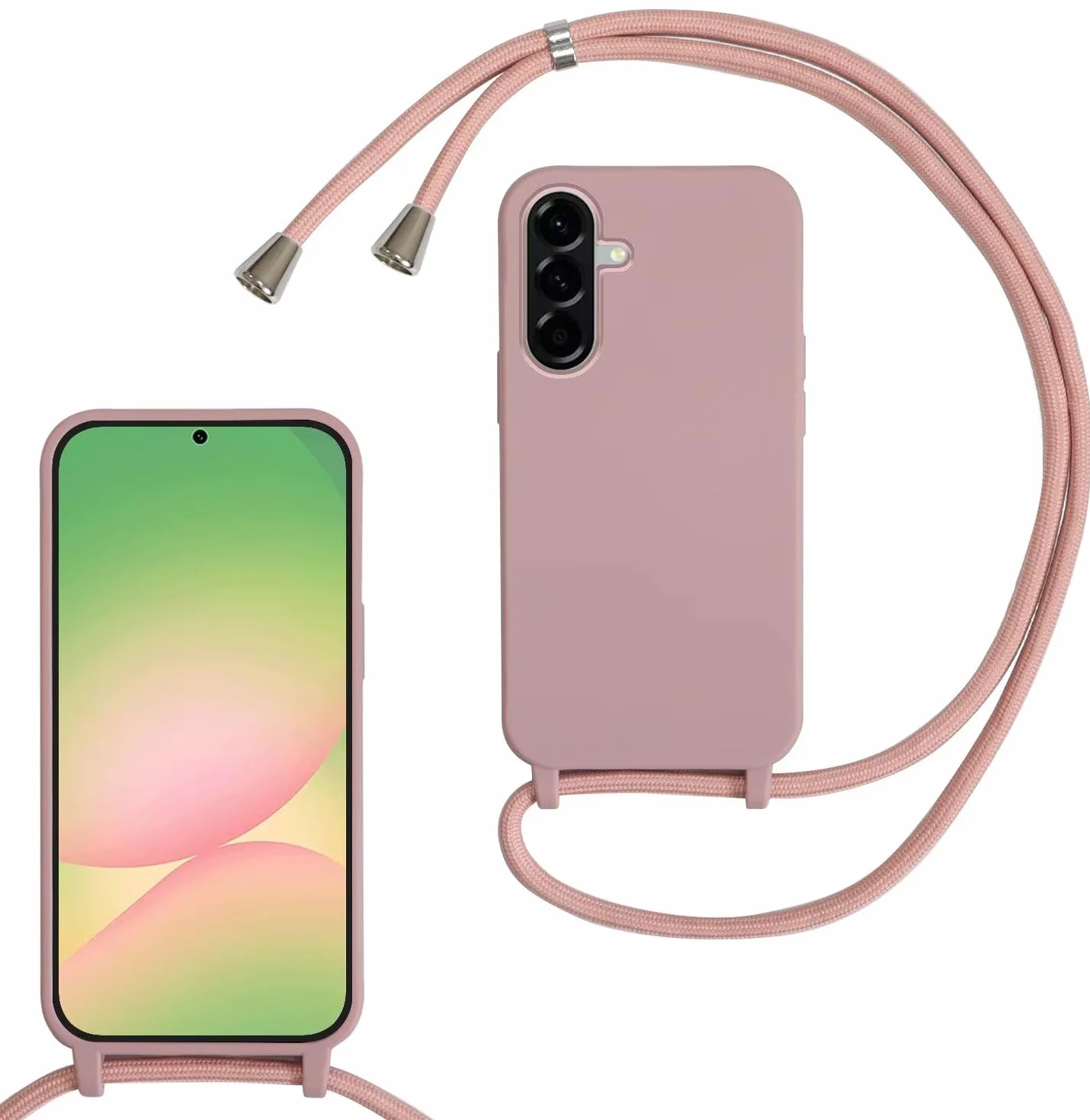 FERLAN Etui kompatybilne z Samsung Galaxy A57, etui na długim pasku, etui ochronne na telefon z płynnym silikonem, regulowany naszyjnik na szyję, miękkie etui, do Samsung Galaxy A57, głęboki róż