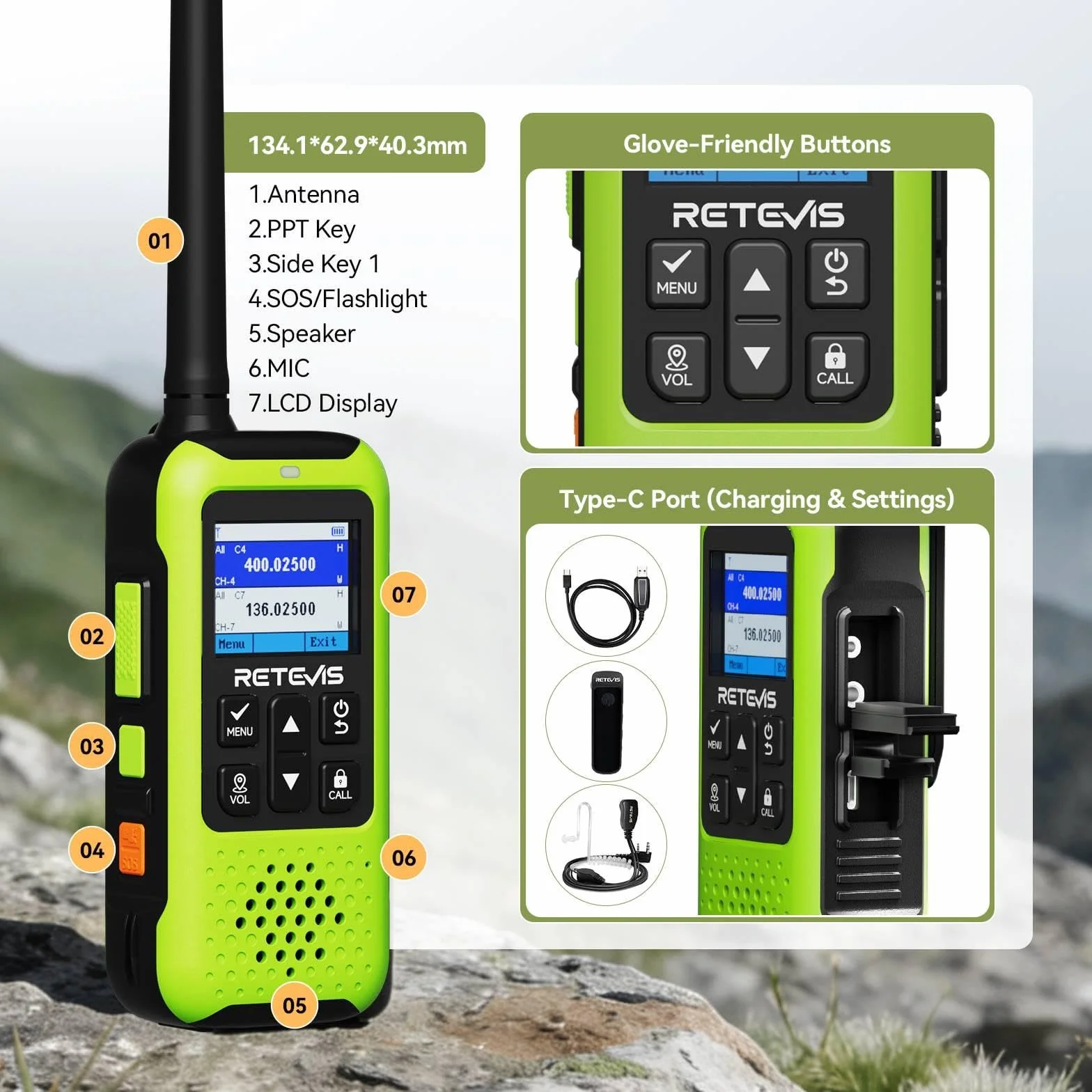 Retevis EZTalk 65 Dwubandowe Radiotelefony, Dwukierunkowa Nawigacja GPS BDS, Programowalne Częstotliwości przez APP, Przenośne Radiotelefony do Awarii, Wspinaczki Górskie (2 Pary)