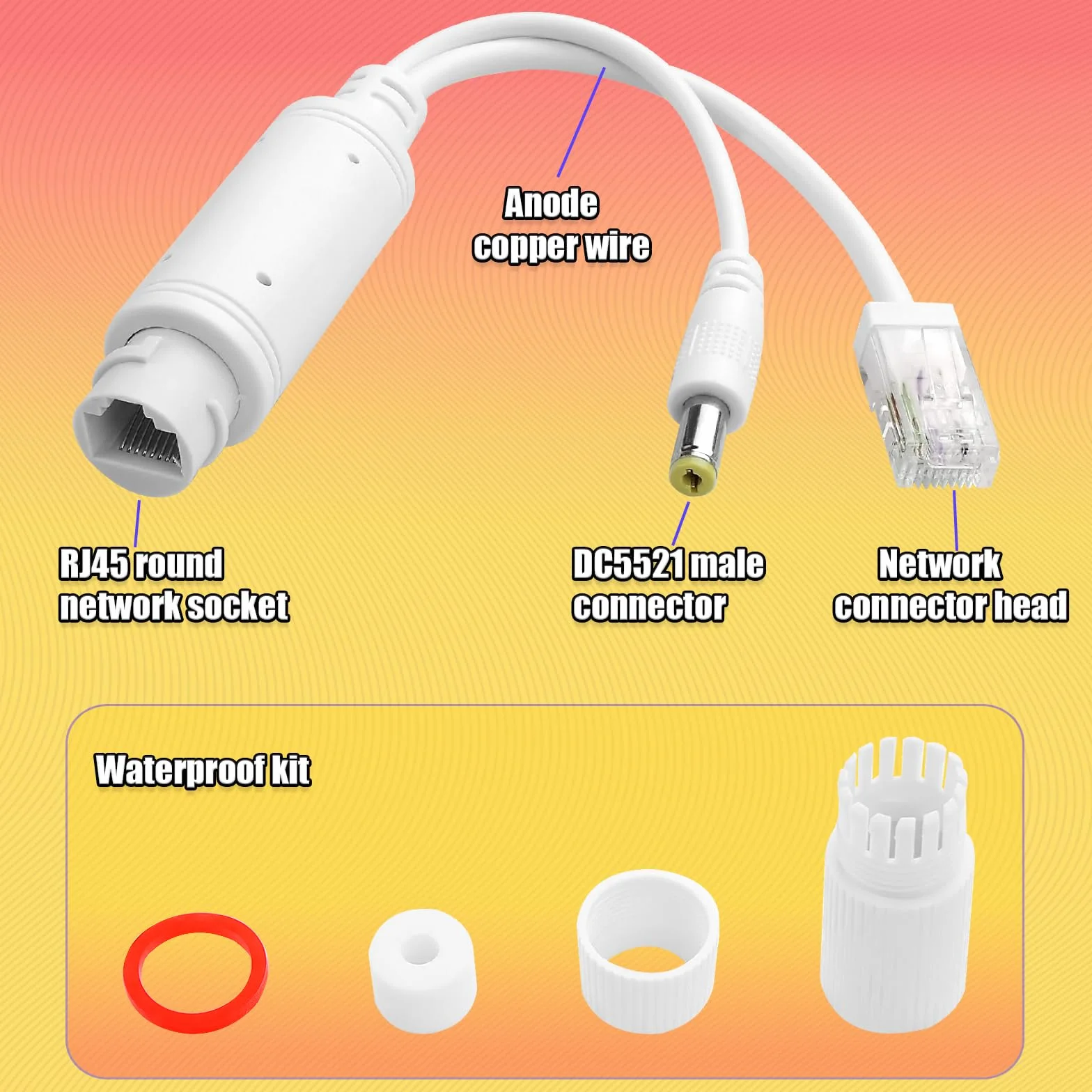 Rozdzielacz PoE Power over Ethernet 48 V do 12 V IP55 wodoszczelny, 5,5 x 2,1 mm złącze DC, IEEE 802.3af/at, odpowiedni do kamer IP, biały (2 sztuki)