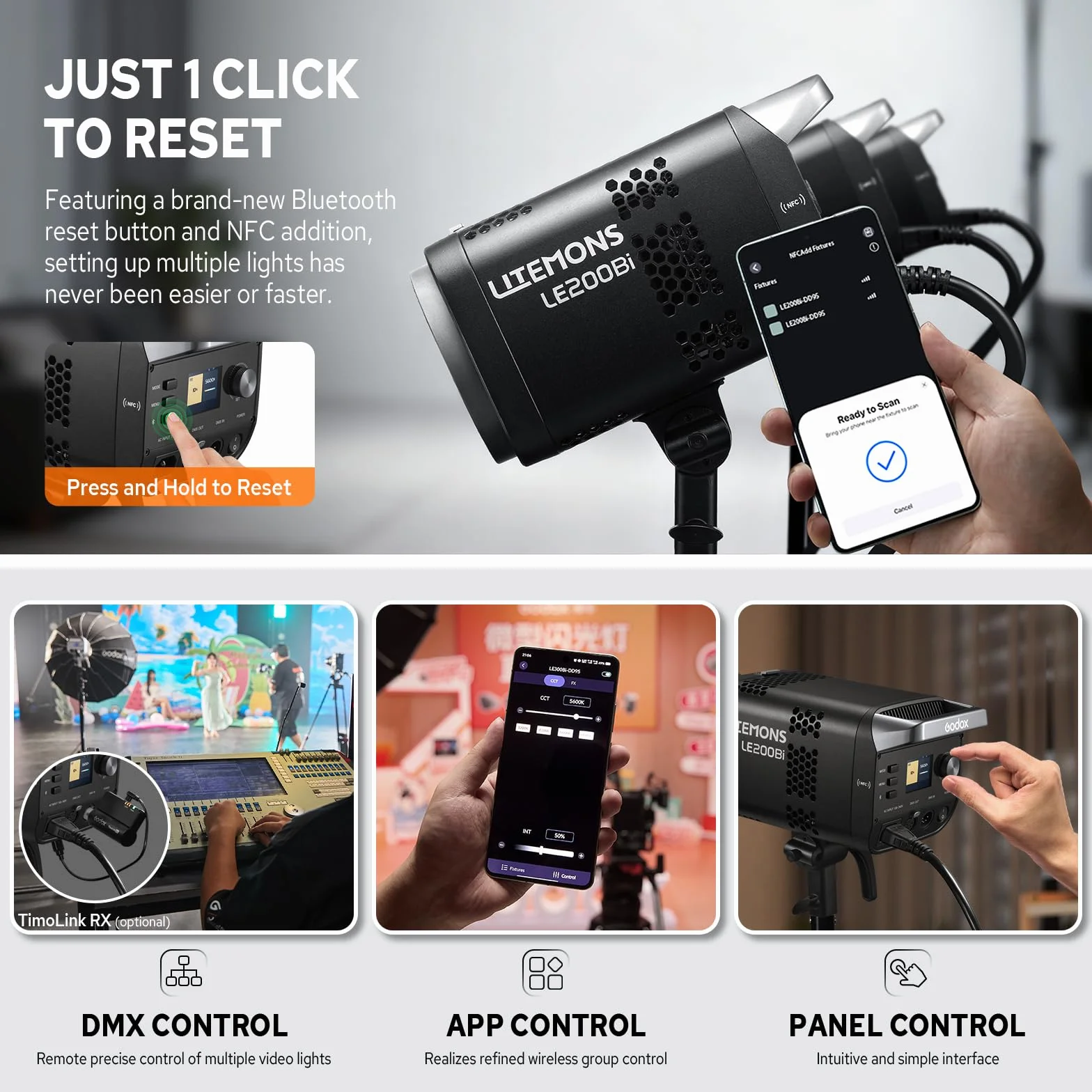 Godox LE200Bi 220 W Bi-Color LED Video Light, 2800 K ~ 6500 K, CRI 98, 57700 Lux/1 m, źródło światła ciągłego LED z uchwytem Bowens, przenośne studio LED do fotografii i streamingu na żywo