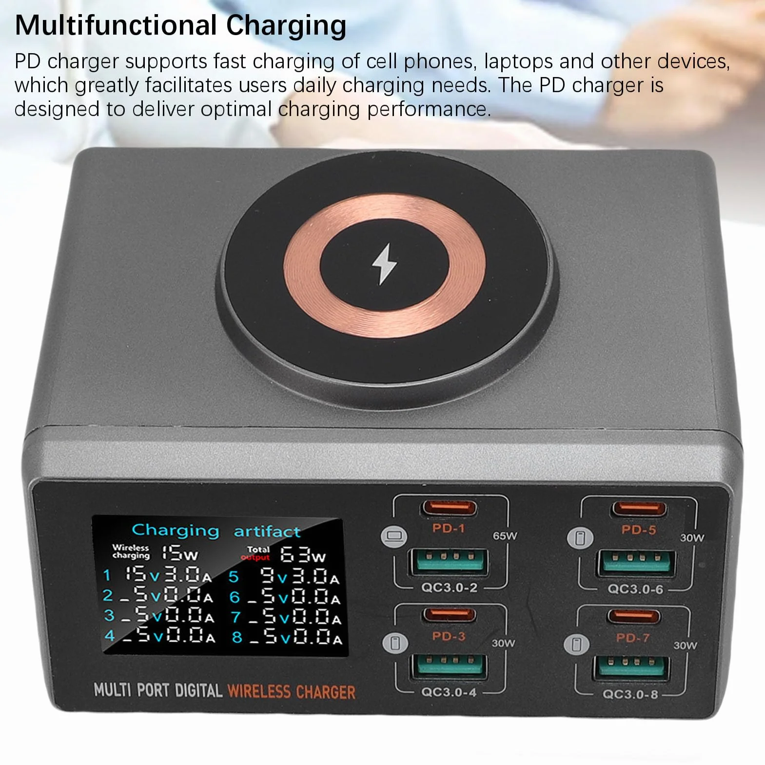 140 W Stacja ładująca, 8 Portowa ładowarka USB C z 15W bezprzewodową ładowarką, Adapter Zasilający PD + Wtyczka ścienna QC dla Telefonów, Zegarek (wtyczka UE)