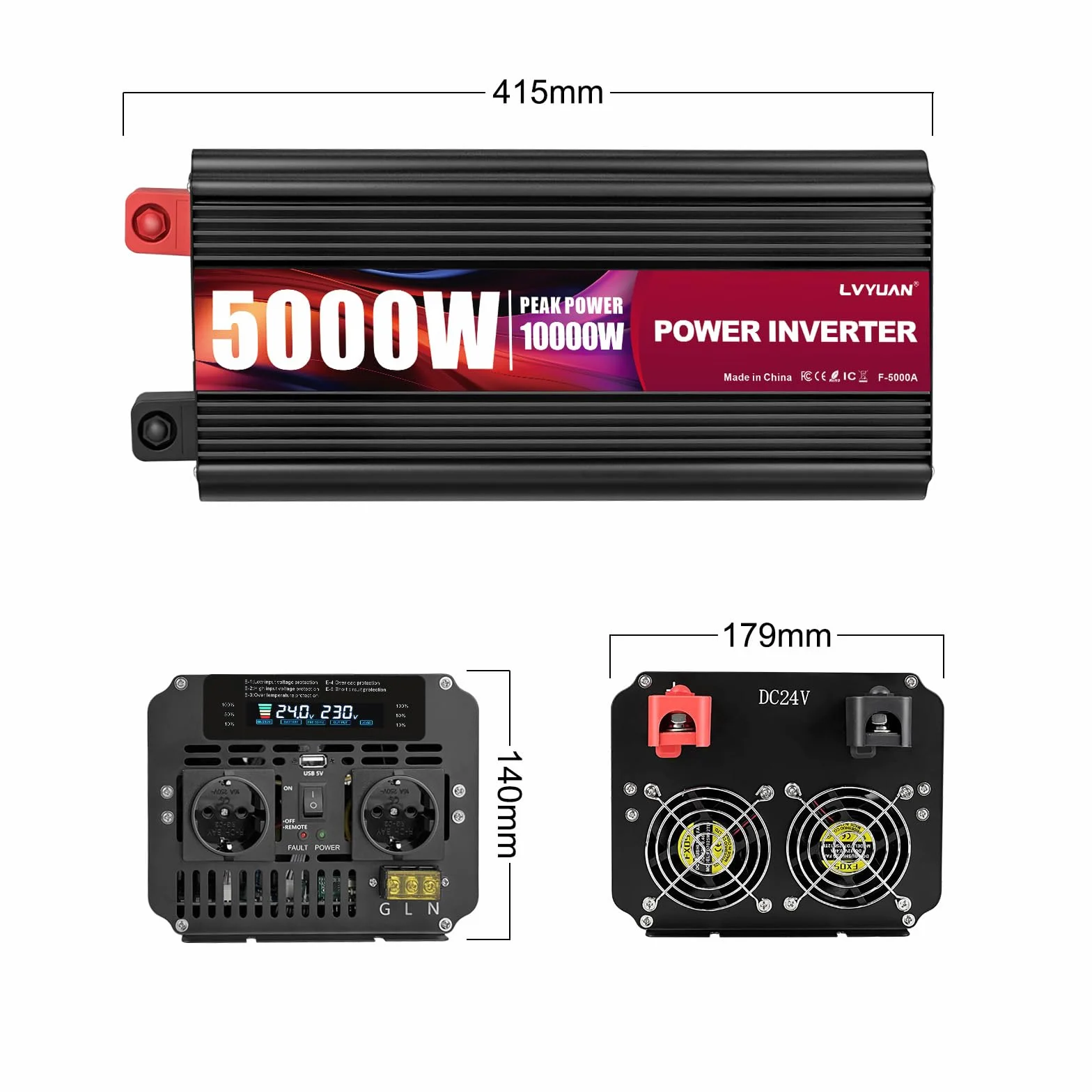Yinleader Falownik 12 V 230 V 5000 W /10000 W przetwornica napięcia 12 V 220 V LCD AC przyłącze kabla sieciowego USB