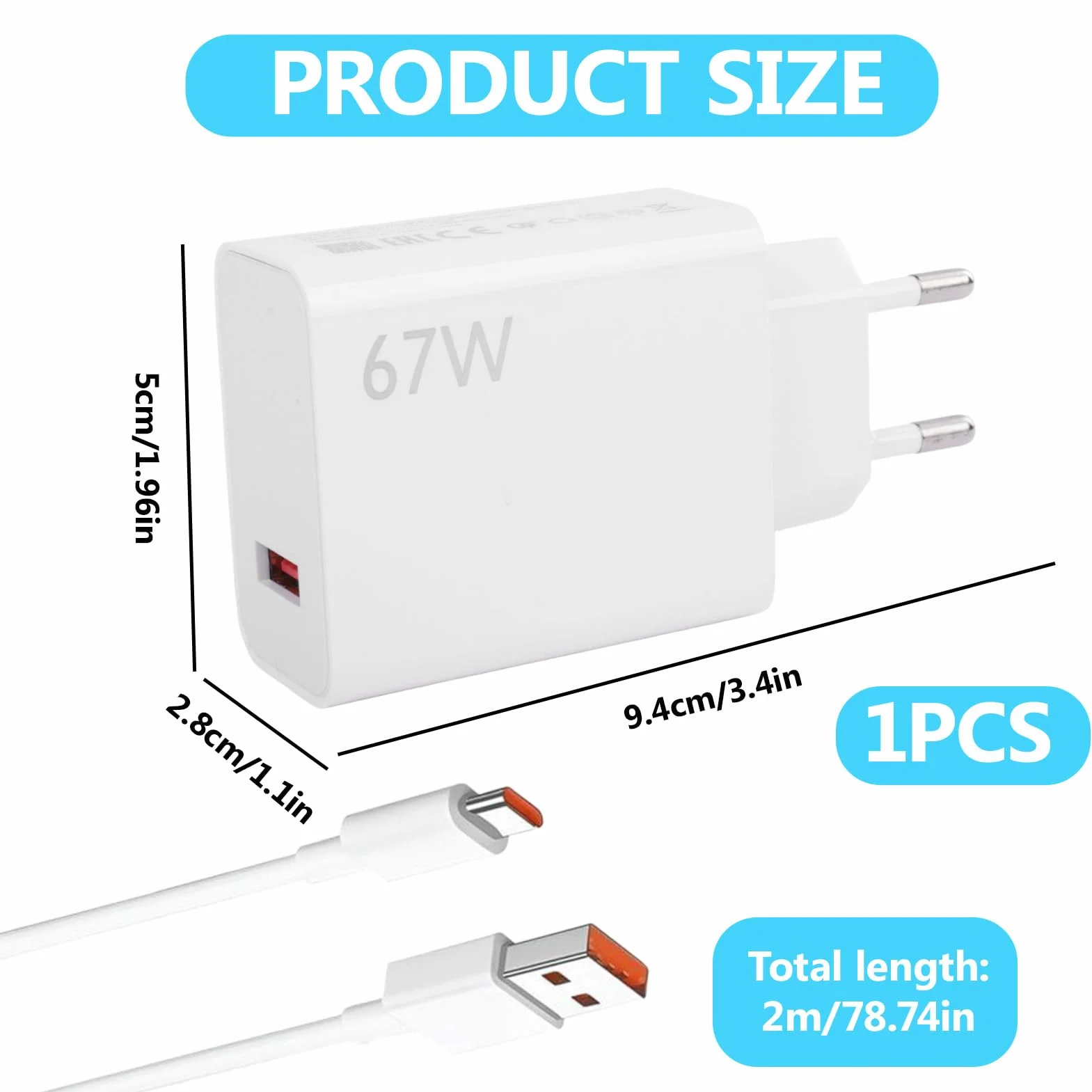 Ładowarka 67 W, USB C, szybka ładowarka z kablem typu C 2 m, 67 W, ładowarka do Xiao-mi Red-mi Note 15, 14, 13, 12 Pro 5G, Mi 13, Mi 12, Mi 11, Poco X5, X6 Pro, Poco F7 Ultra