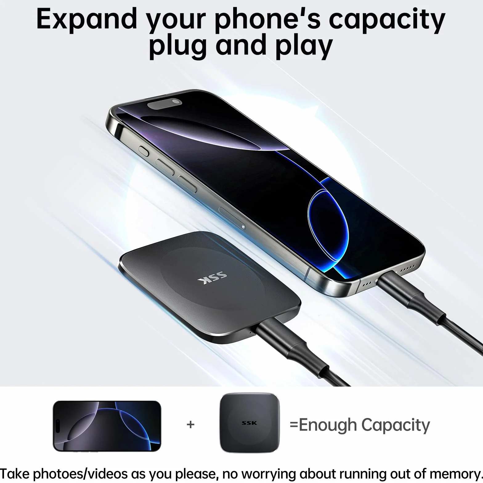 SSK Zewnętrzny dysk twardy 2TB SSD, do 550 MB/s, przenośny SSD, z kablem USB-C, szybki do iPhone 15/Android/Windows/Tablet