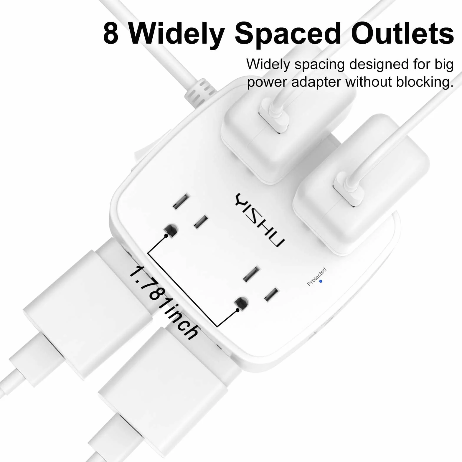 6 Ft Surge Protector Power Strip - 8 Widely Outlets with 4 USB Ports, 3 Side Outlet Extender with 6 Feet Extension Cord, Flat Plug, Wall Mount, Desk USB Charging Station, ETL ,White
