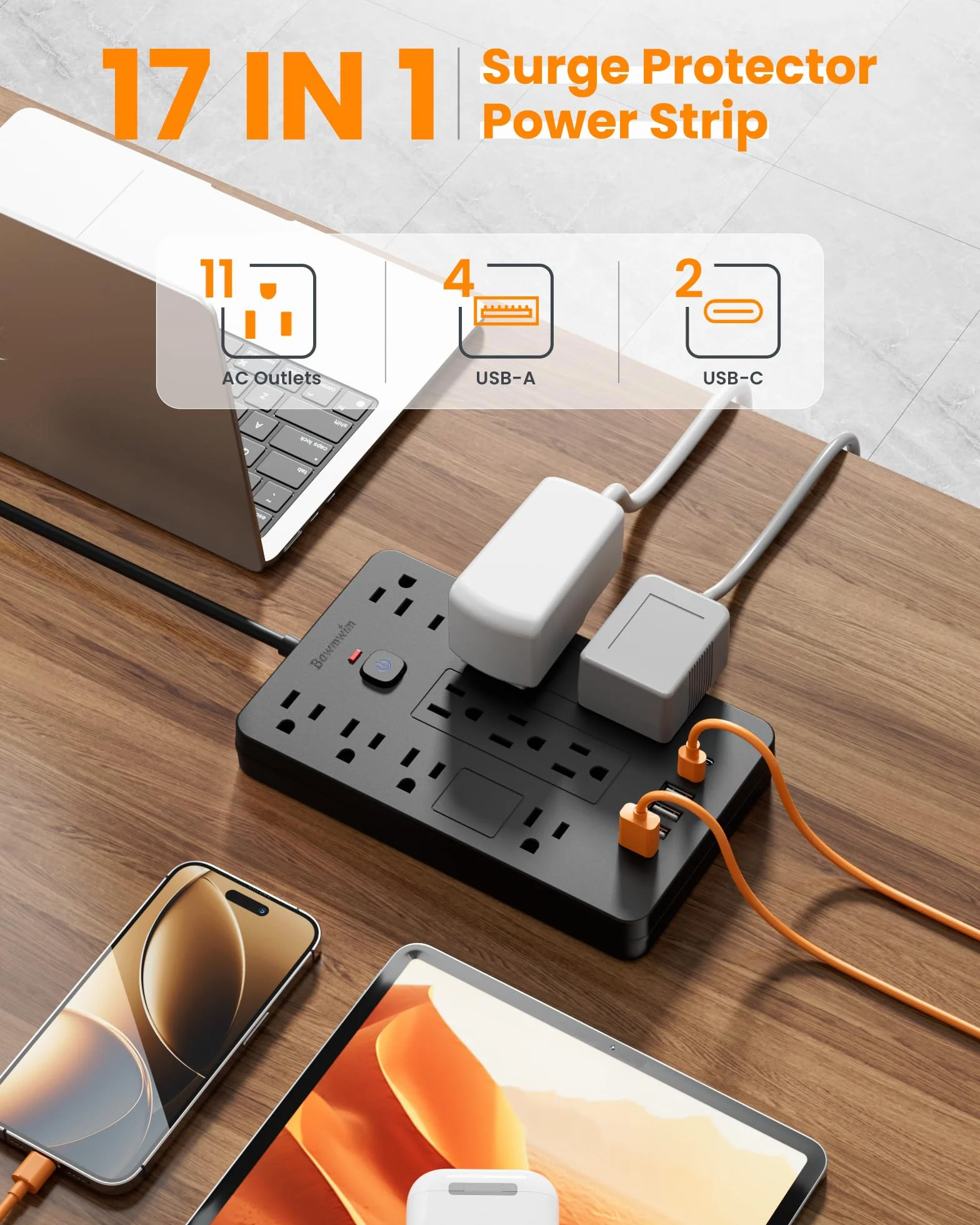 Listwa zasilająca z ochroną przeciwprzepięciową, 11 gniazd (1850 W/15 A) z 6 portami USB (2 USB C), płaski kabel przedłużający 1,8 m, do montażu na ścianie, czarna