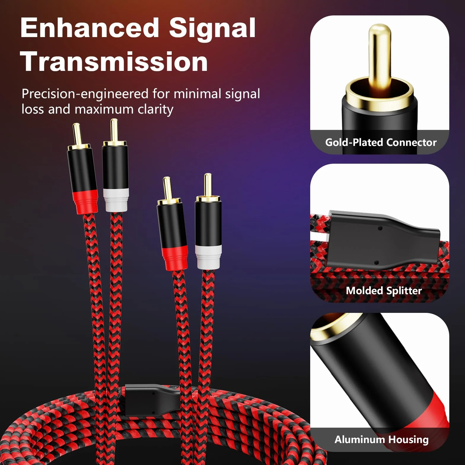 Kabel RCA 4M, 2Rca męski na 2-Rca męski kabel subwoofera audio stereo [dźwięk Hi-Fi] nylonowy pleciony przewód pomocniczy do kina domowego, systemów Hi-Fi i więcej (12 stóp/4 m)