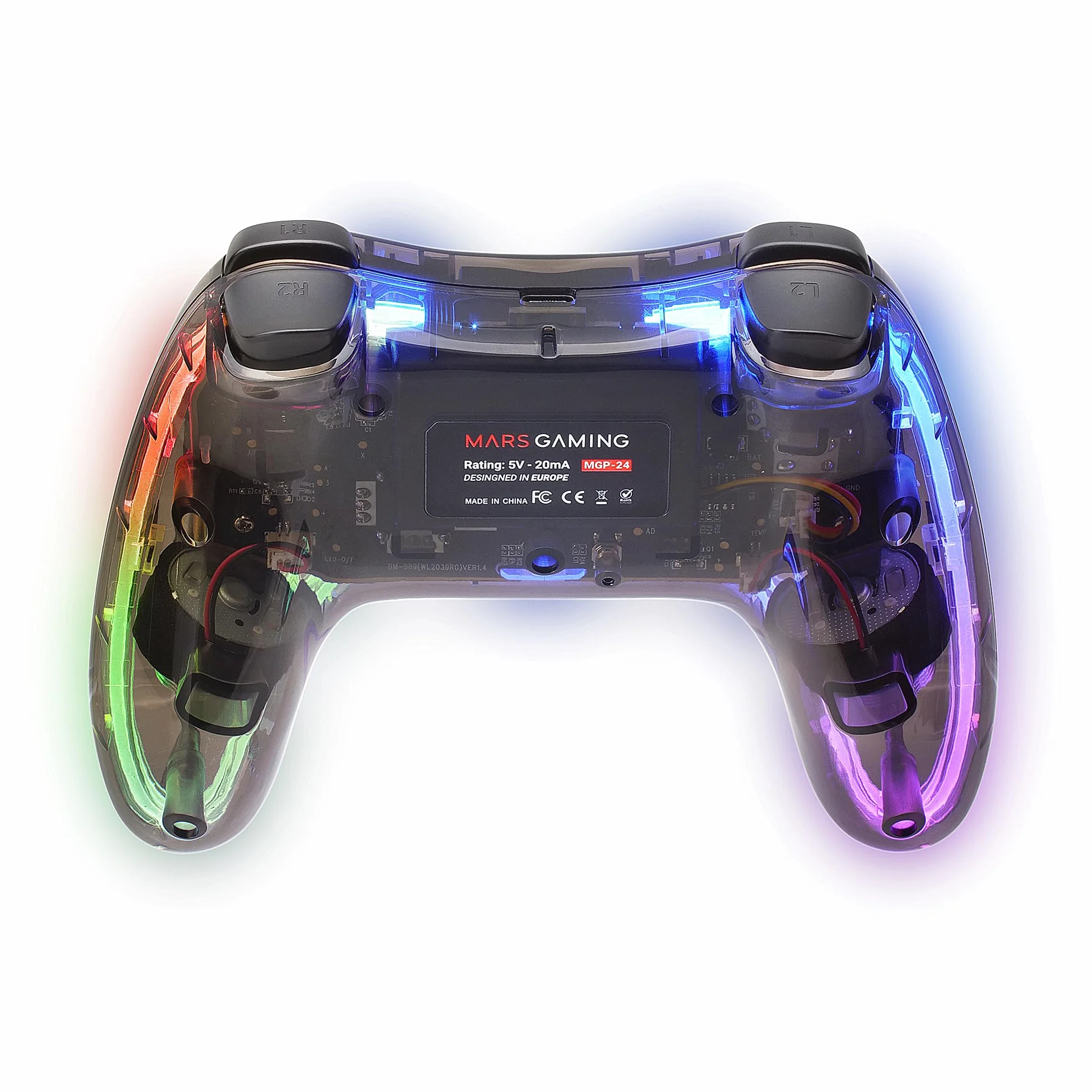 Mars Gaming MGP-24, Bezprzewodowy Gamepad 2.4GPRO, Neon RGB, Dual Wibracje Haptyczne, Joysticki Analogowe, Kontroler do PC, PS3, PS4, X360, Raspberry Pi, Mac, Android