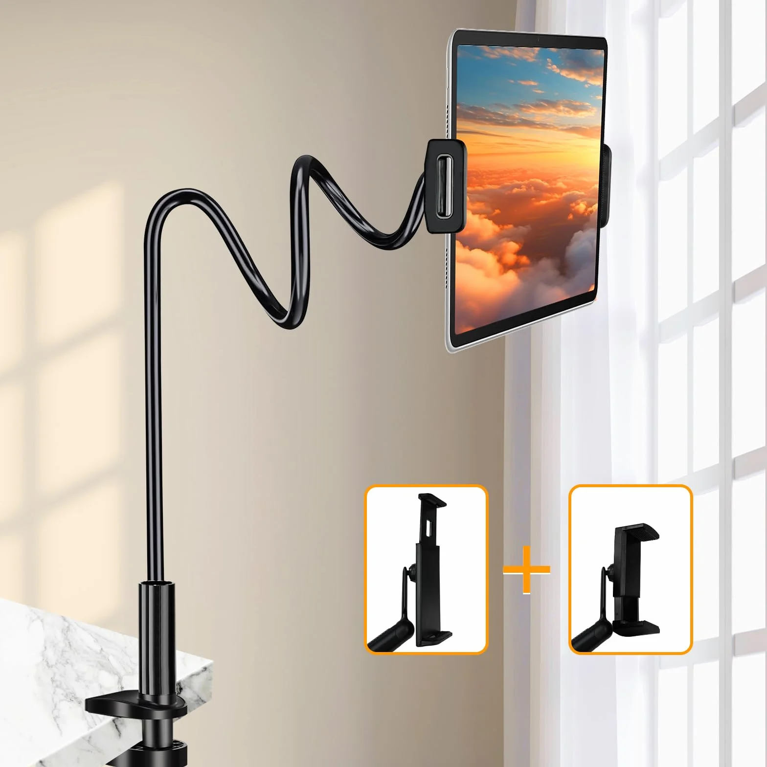 Flintronic Uchwyt na tablet typu łabędzia szyja, 360°, elastyczny z 2 klipsami, regulowane ramię do iPada/telefonu komórkowego/Switch/Kindle Fire