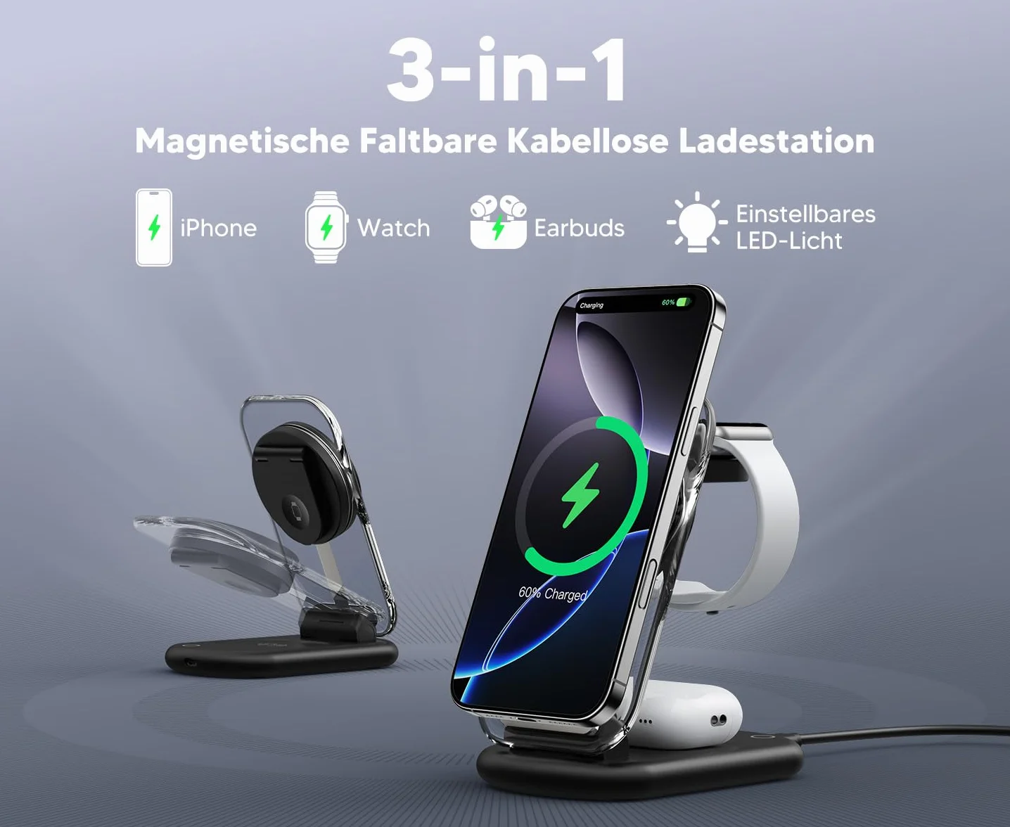 Mag-Safe bezprzewodowa ładowarka, 3 w 1, 15 W, indukcyjna stacja ładująca do iWatch iPhone 17/16/15/14/13/12, AirPods 3/2/Pro, czarna, 2 sztuki w opakowaniu