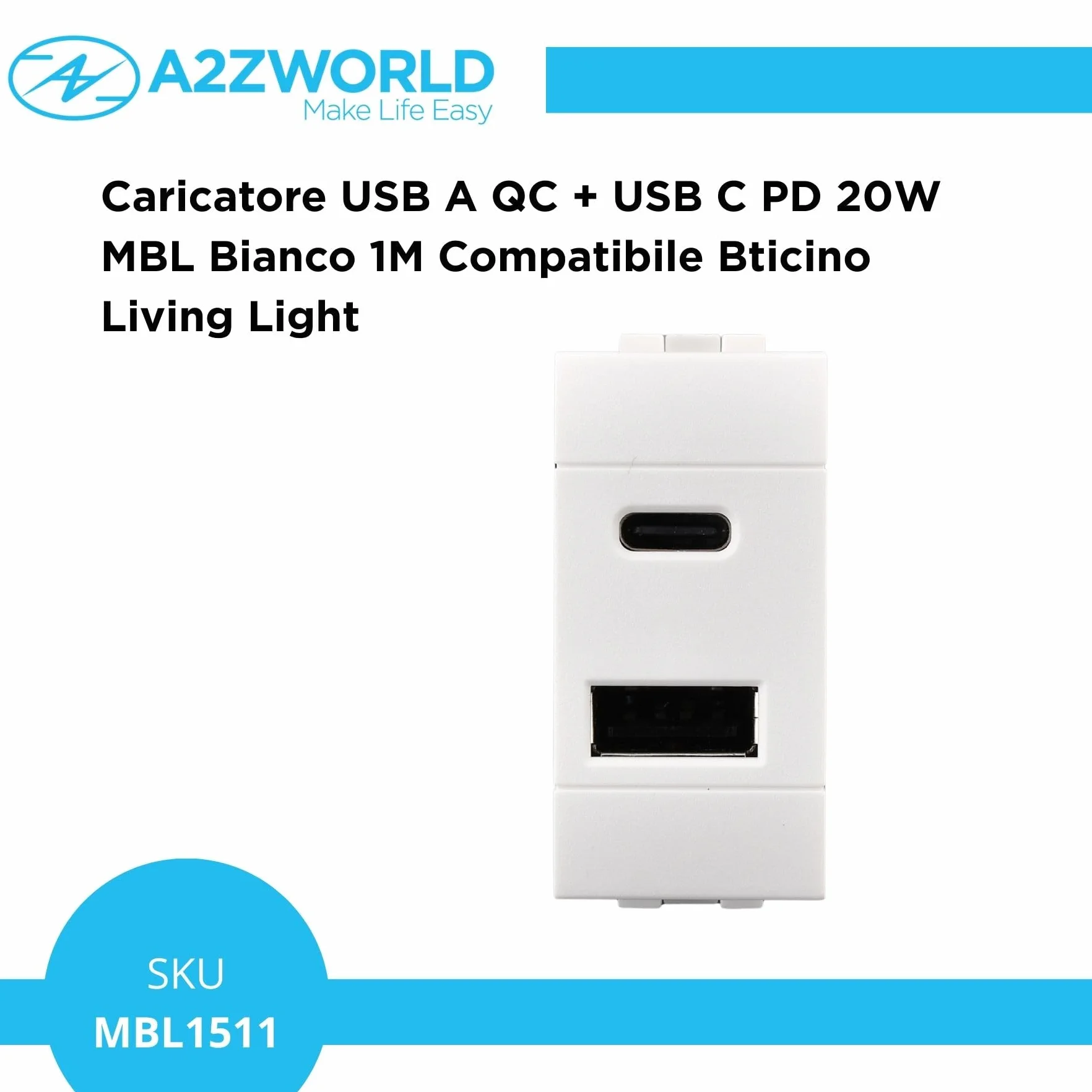4 sztuki ładowarka USB do zabudowy, 1 moduł, USB-A QC 3.0 + USB-C PD 20 W, szybkie ładowanie 5 V 9 V 12 V, kompatybilna z Bticino Living Light, kolor biały, seria MBL