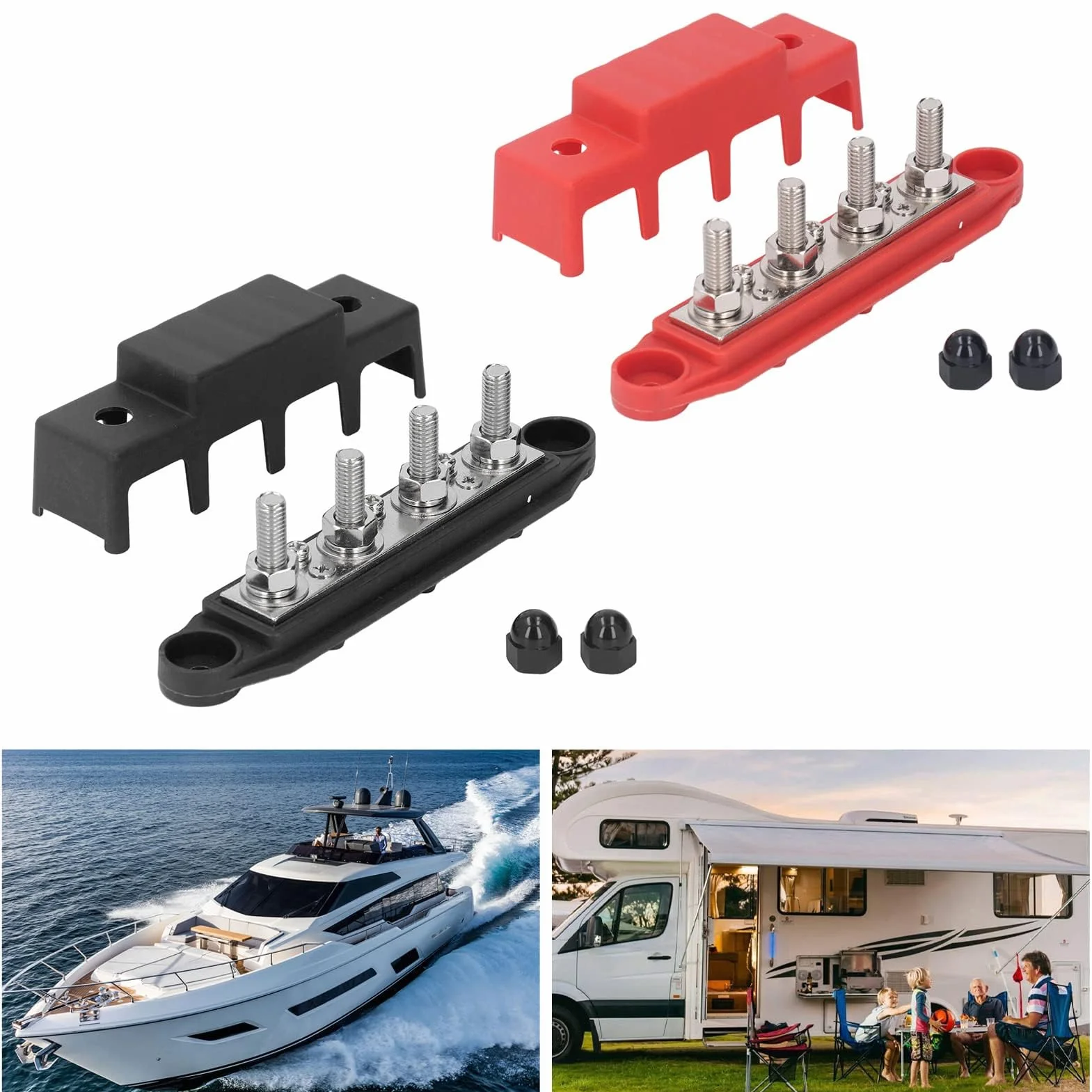 2 szt. Czerwony Czarny Blok Dystrybucji Zasilania M8 48V 250A 4 Szyna Zaciskowa z mosiężną płytą, Szerokie Zastosowanie do Systemów Zasilania Prądem Stałym