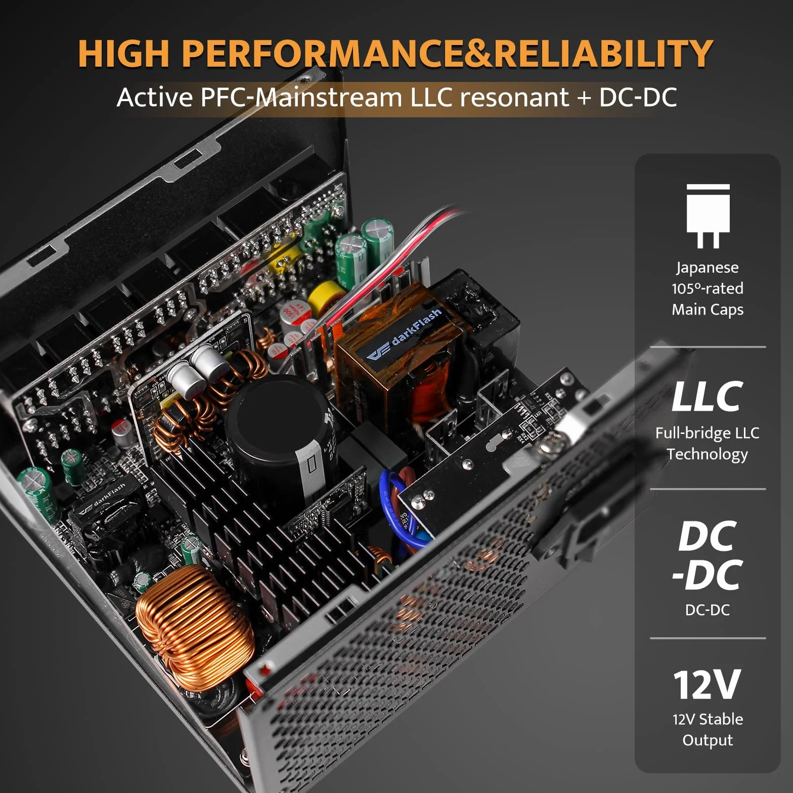 darkFlash PMT1050 w pełni modułowy zasilacz ATX 3.1 i PCIe 5.1 Ready, kabel 12VHPWR w zestawie, 100% japońskie kondensatory 105°C, 80 Plus Gold Gaming PSU, kompaktowy rozmiar 150 mm, 5 lat