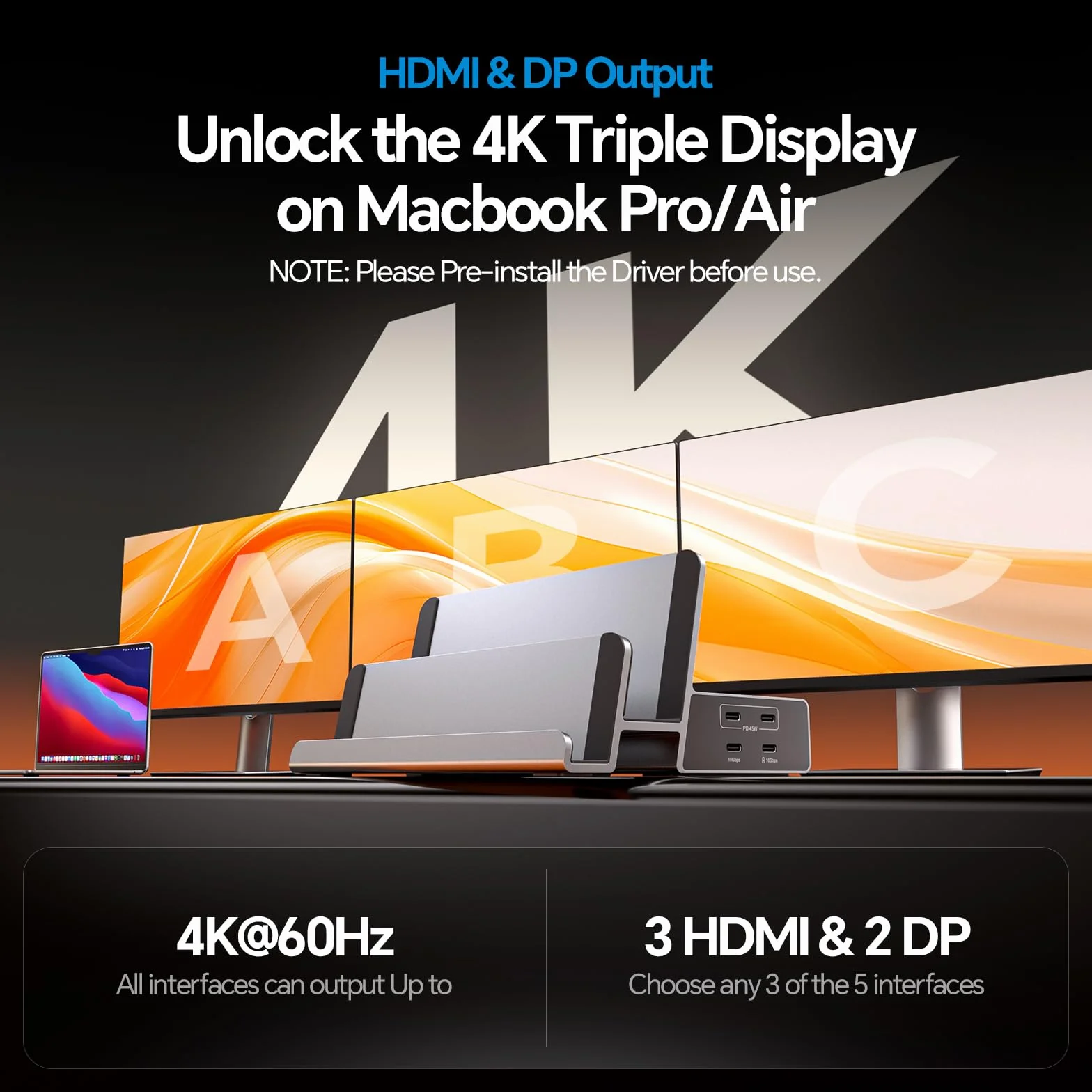 19 w 1 Triple Display stacja dokująca z podwójnym stojakiem, 3HDMI + 2DP4K, PD100W | PULWTOP Stacja dokująca do laptopa, 3 monitory z Ethernet, 10 Gbit/s USB-C/A, do MacOS i Windows (wymagane sterowniki)