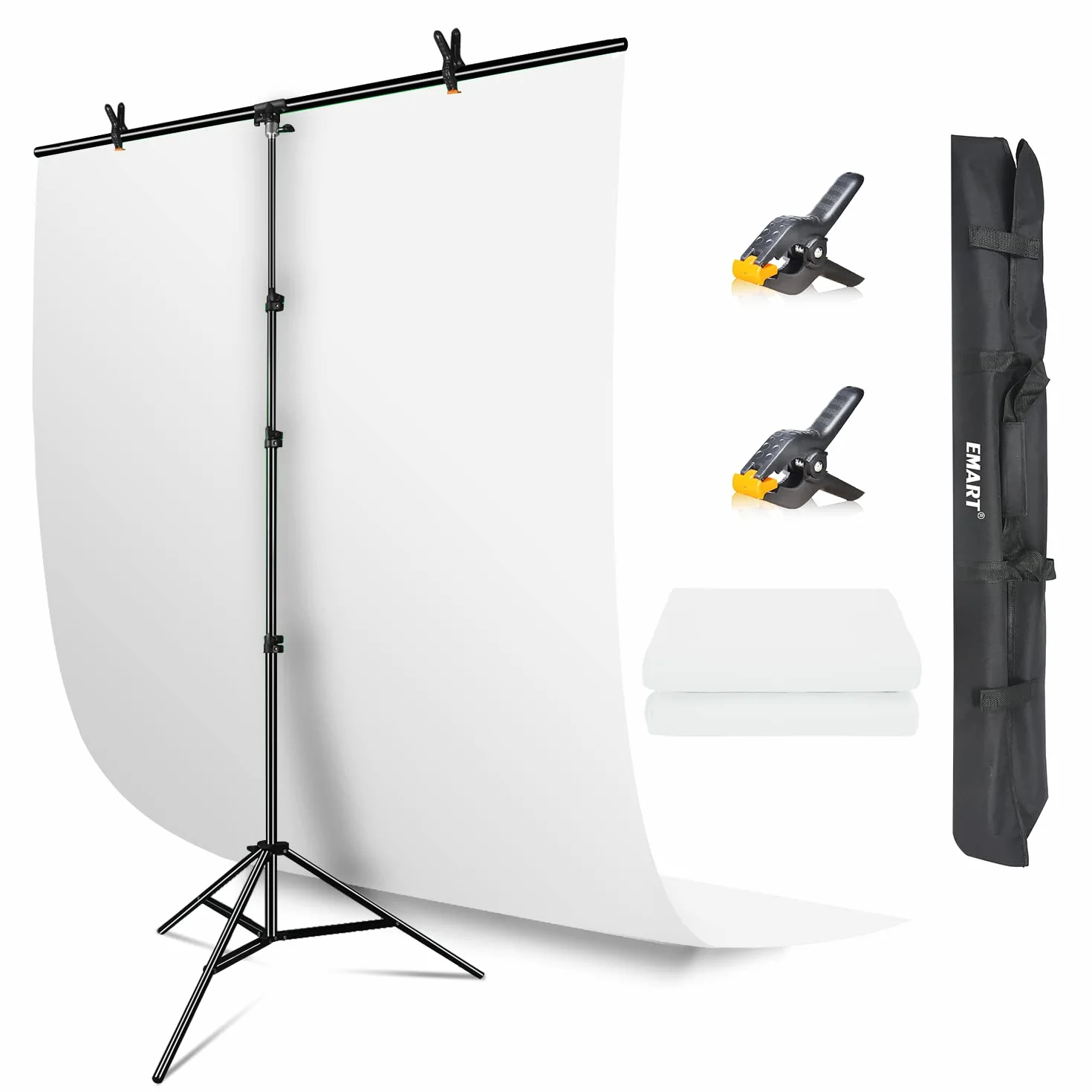 EMART Białe tło ze stojakiem, tło 1,5 x 2,1 m z zestawem ramek 1,5 x 2,6 m | Wsparcie tła w kształcie litery T, zestaw studyjny do chroma Key, wideo fotograficzne, nagrywanie, strumieniowanie