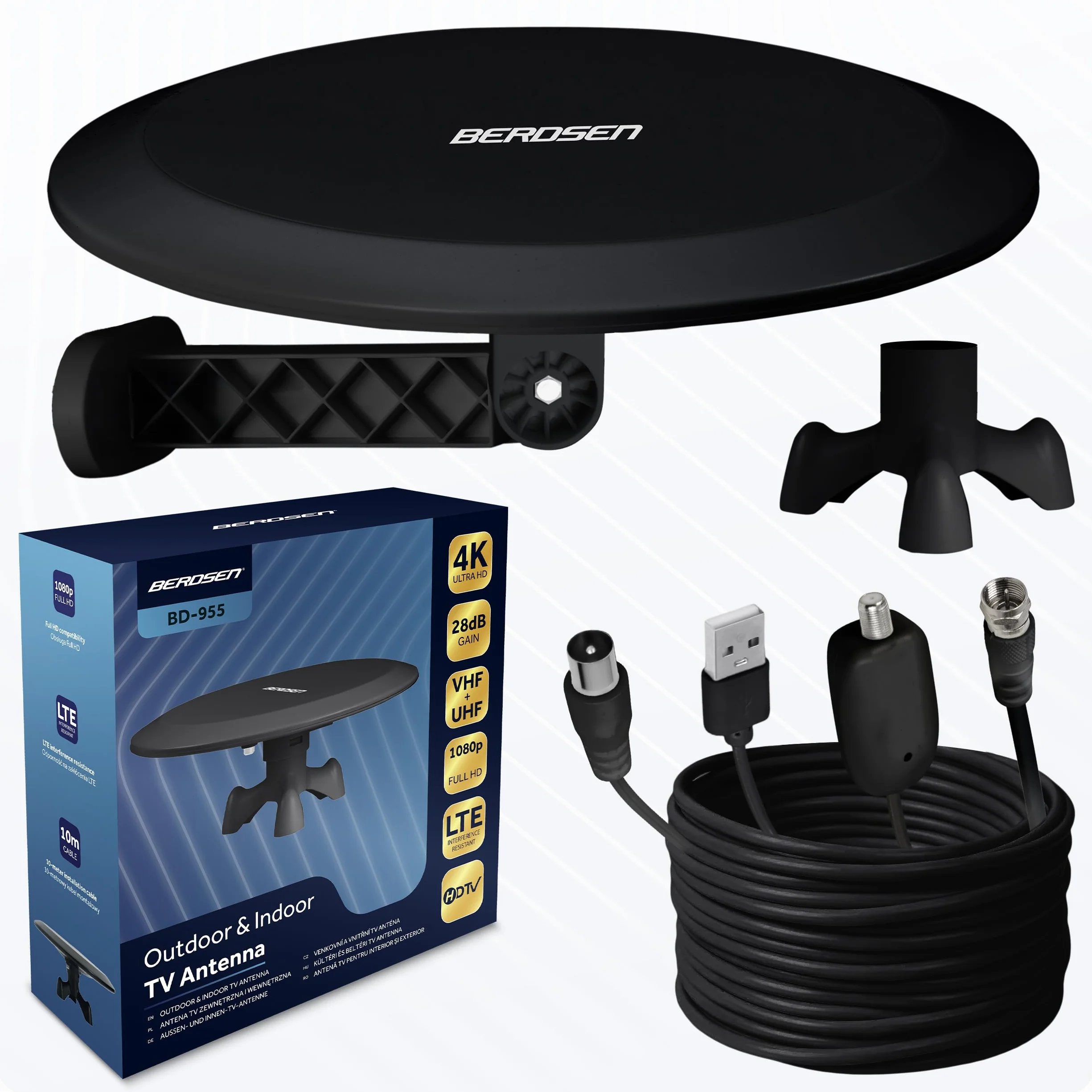 Berdsen Antena DVB-T2 ze Wzmacniaczem 28 dB Pokojowa do Telewizora Kabel 10 m Zasięg 80 km Filtr LTE Czarna
