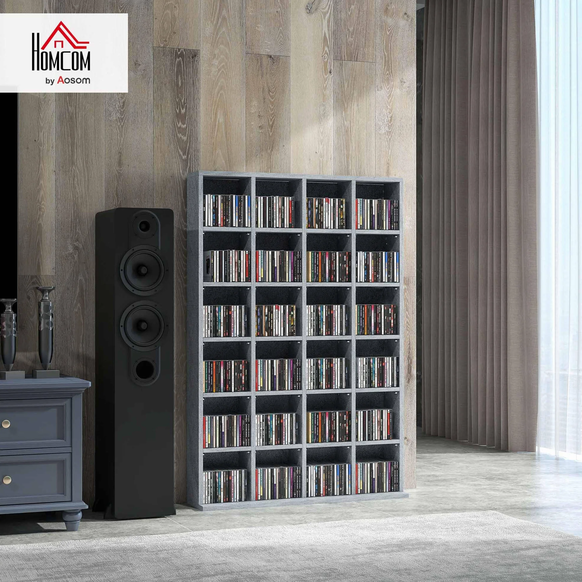 HOMCOM Przechowywanie płyt CD i DVD, nośnik multimedialny z 24 przegródkami, maks. pojemność 480 CD/312 DVD, drewniany regał z regulowanymi półkami, 89 x 20 x 130,5 cm, szary