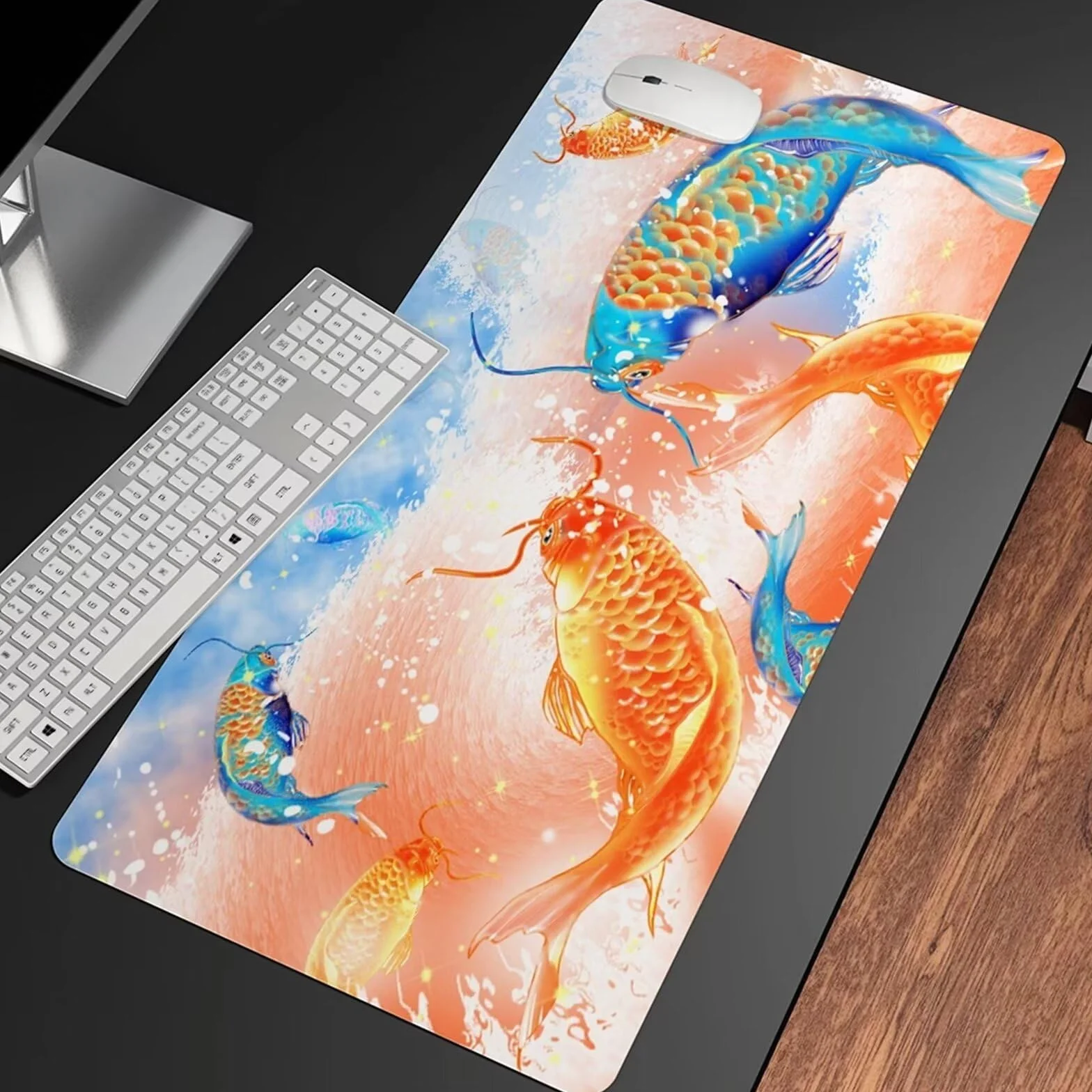 Złota niebieska podkładka pod mysz Koi, 1200 x 600 x 3 mm, rozszerzona duża podkładka pod mysz, podkładka na biurko, zszywane krawędzie, antypoślizgowa gumowa podstawa, podkładka pod klawiaturę,