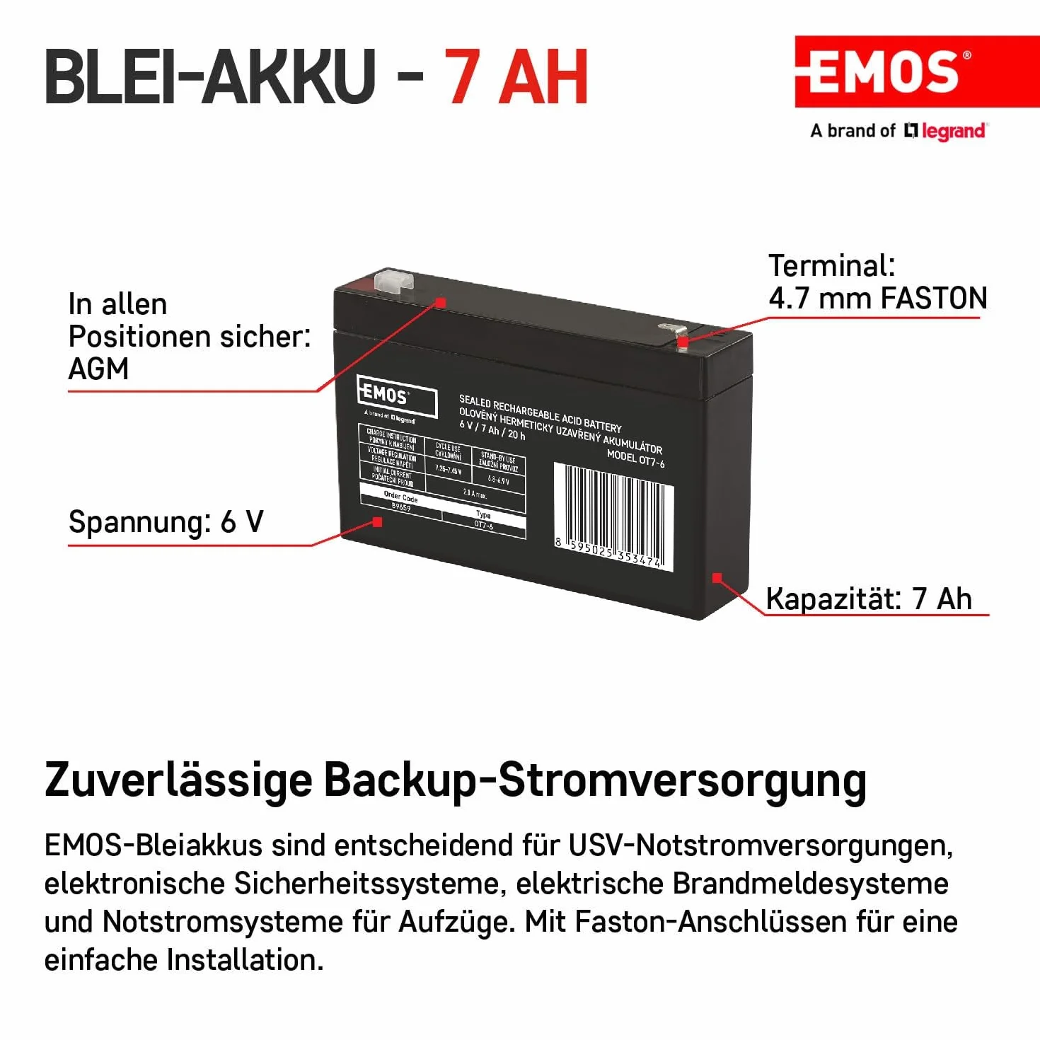 EMOS B9659 Akumulator ołowiowy 6V 7 Ah do systemów alarmowych UPS