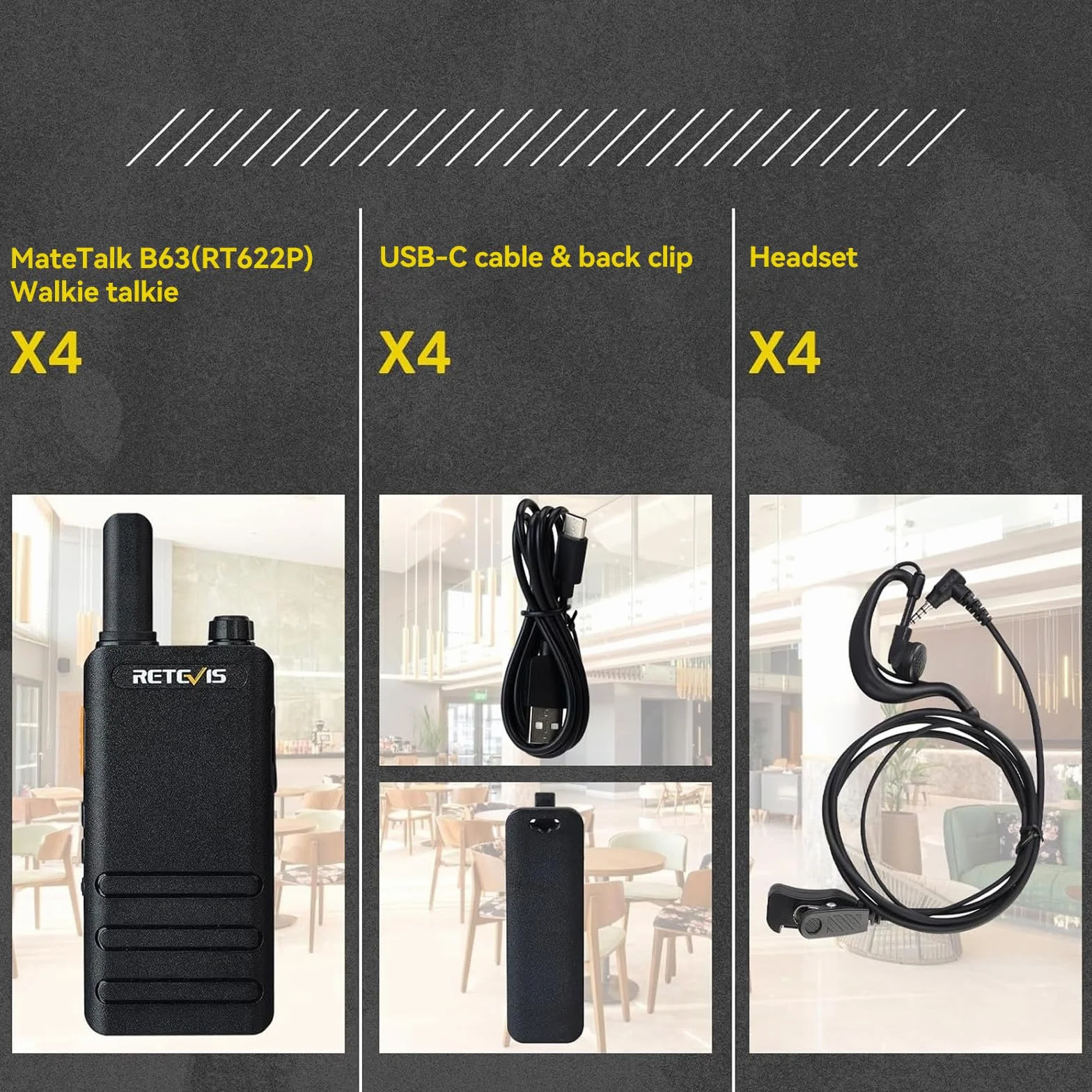 Retevis RT622P Walkie Talkie Mini, 15mm Ultra-cienki, USB-C Akumulator Krótkofalówka 1620mAh Bateria, VOX, Profesjonalna Restauracja Walkie Talkie Przenośne ze Słuchawkami (4 Szt., Czarny)