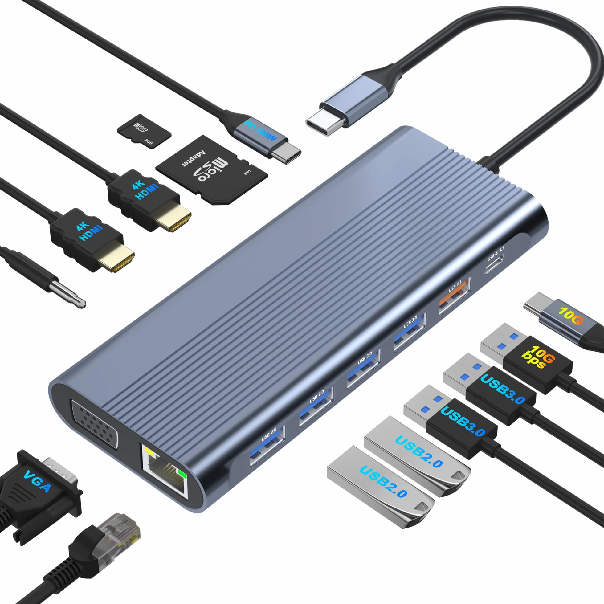 Stacja dokująca USB C, podwójny monitor do laptopa Dell/HP/Lenovo/Mac, podwójny adapter HDMI do 2 monitorów, stacja dokująca do laptopa 14 w 1, podwójny monitor z USB / HDMI / VGA/PD/Ethernet/SD/TF