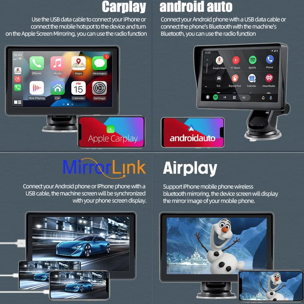 sunweyer Sunweyer Bezprzewodowy ekran samochodowy Carplay i Android, przenośne radio samochodowe, ekran dotykowy IPS 7", obsługa kamery cofania 1080p i nadajnik Bluetooth/AUX/FM